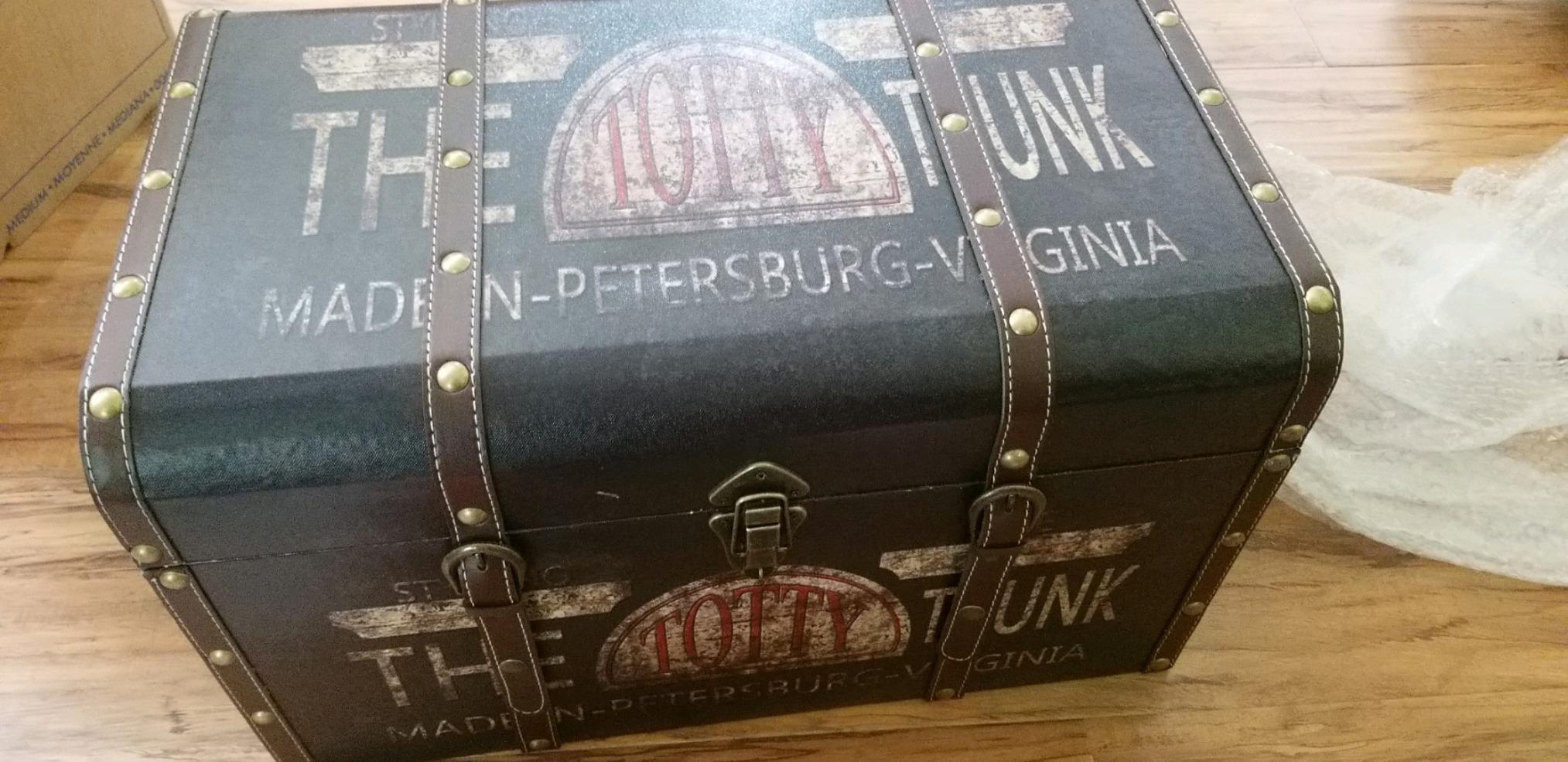 Household Essentials Large Decorative Storage Trunk with Vintage Decoupage, Leather and Metal Accents, Green and Black Finish customer photo 2