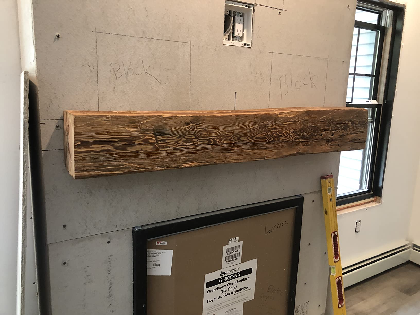 Modern Timber Craft Hand Hewn Beam Fireplace Mantel - Reclaimed, Axe Cut Barn Wood Floating Mantel Shelf - Handcrafted in USA - Certified Reclaimed, 60