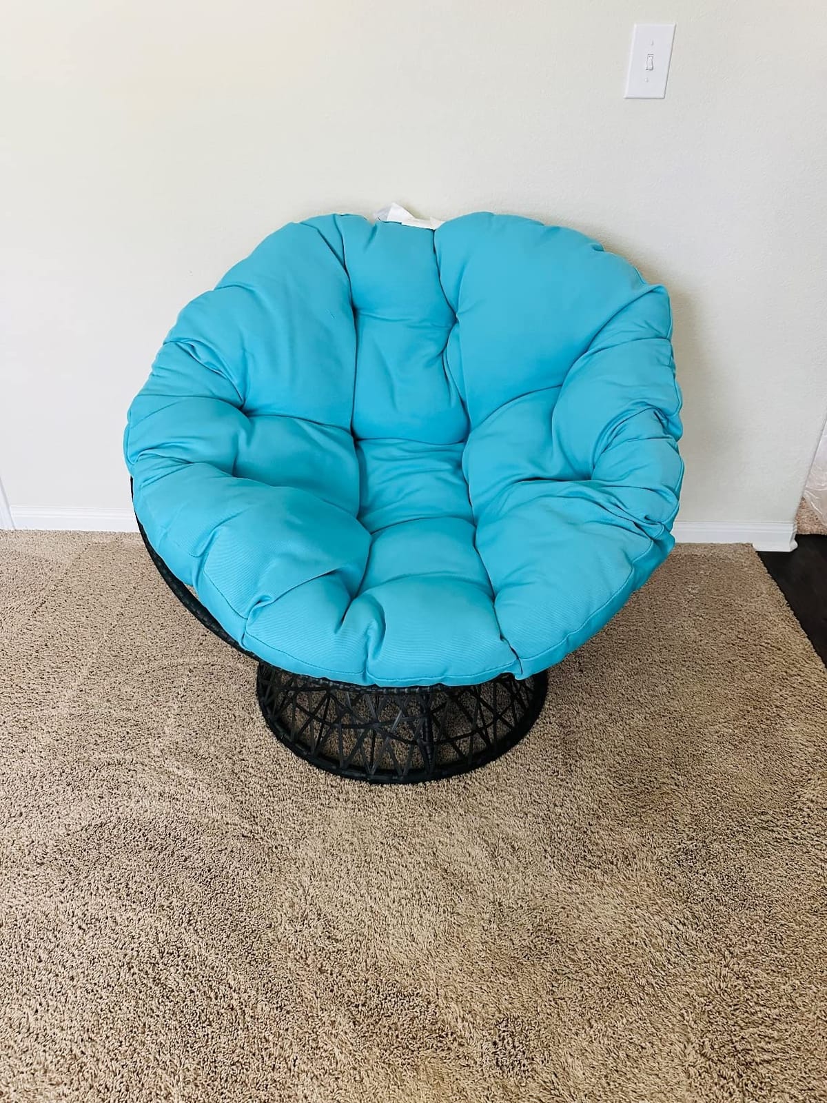 OSP Home Furnishings Wicker Papasan Chair with 360-Degree Swivel, Grey Frame with Blue Cushion customer photo 2