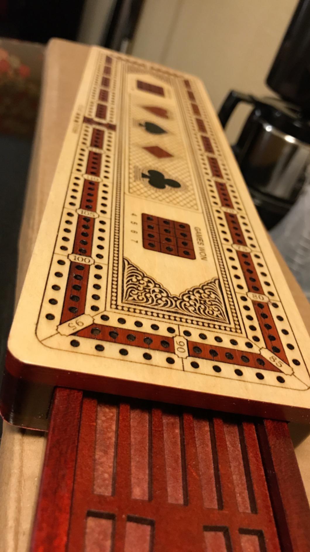 House of Cribbage - 3 Track Continuous Cribbage Board Inlaid in Maple Wood/Bloodwood - Size: 12.5 Inch - Wood Inlaid Card Symbols (Suits) + Storage Drawer for Cribbage Pegs customer photo 2