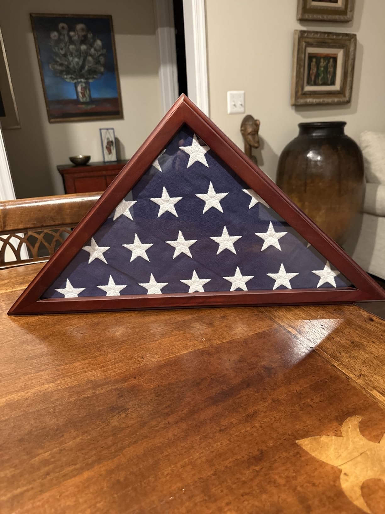 Glass Front Flag Display Case for Burial Flag - Wall Mounted 9.5 X 5 Feet Flag Box for American Veteran Flag and Folded Flag Display - Ideal for Honoring Military Service (Mahogany) customer photo 2