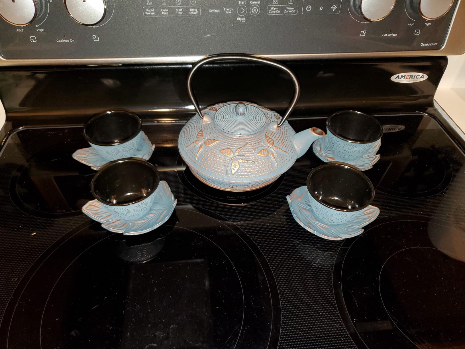 Cast Iron Tea Set with Teapot, 2 Tea Cups, 2 Saucers, Stainless Steel Tea Infuser & Matching Trivet, Enamel Coated (Blue Butterfly) customer photo 1