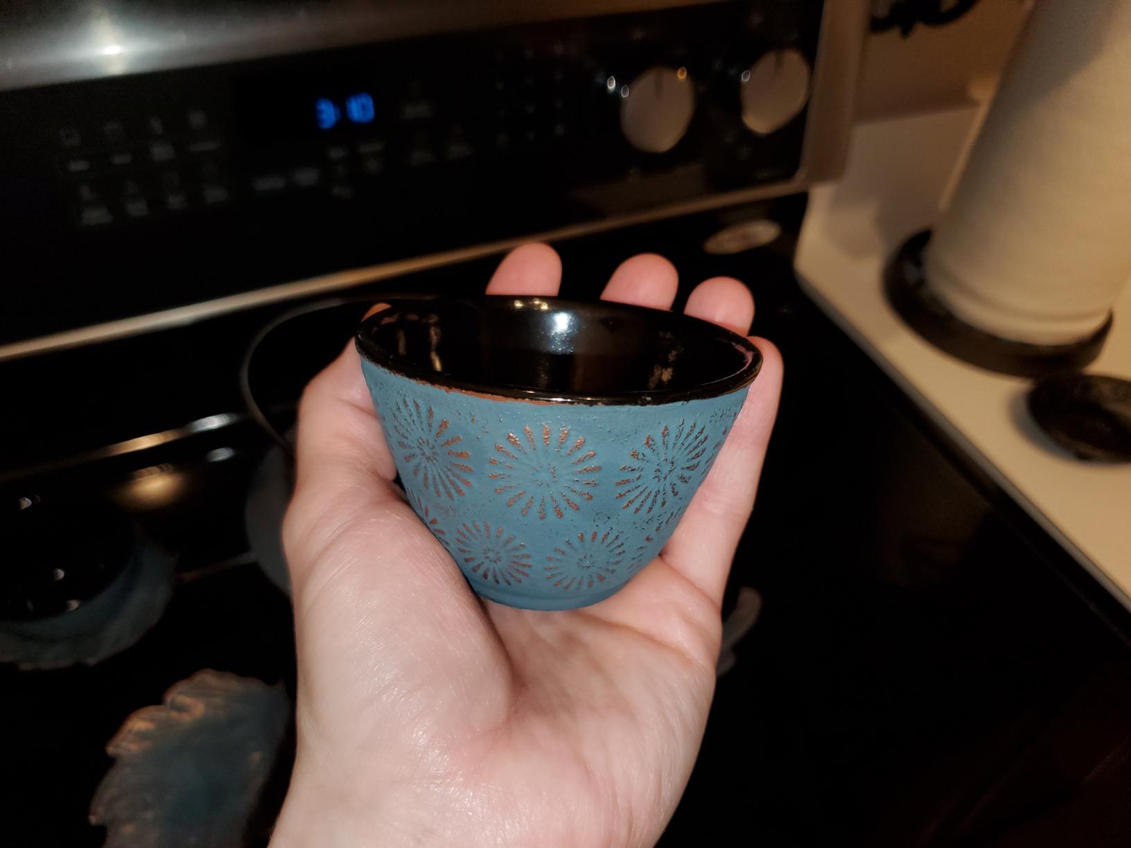 Cast Iron Tea Set with Teapot, 2 Tea Cups, 2 Saucers, Stainless Steel Tea Infuser & Matching Trivet, Enamel Coated (Blue Butterfly) customer photo 2