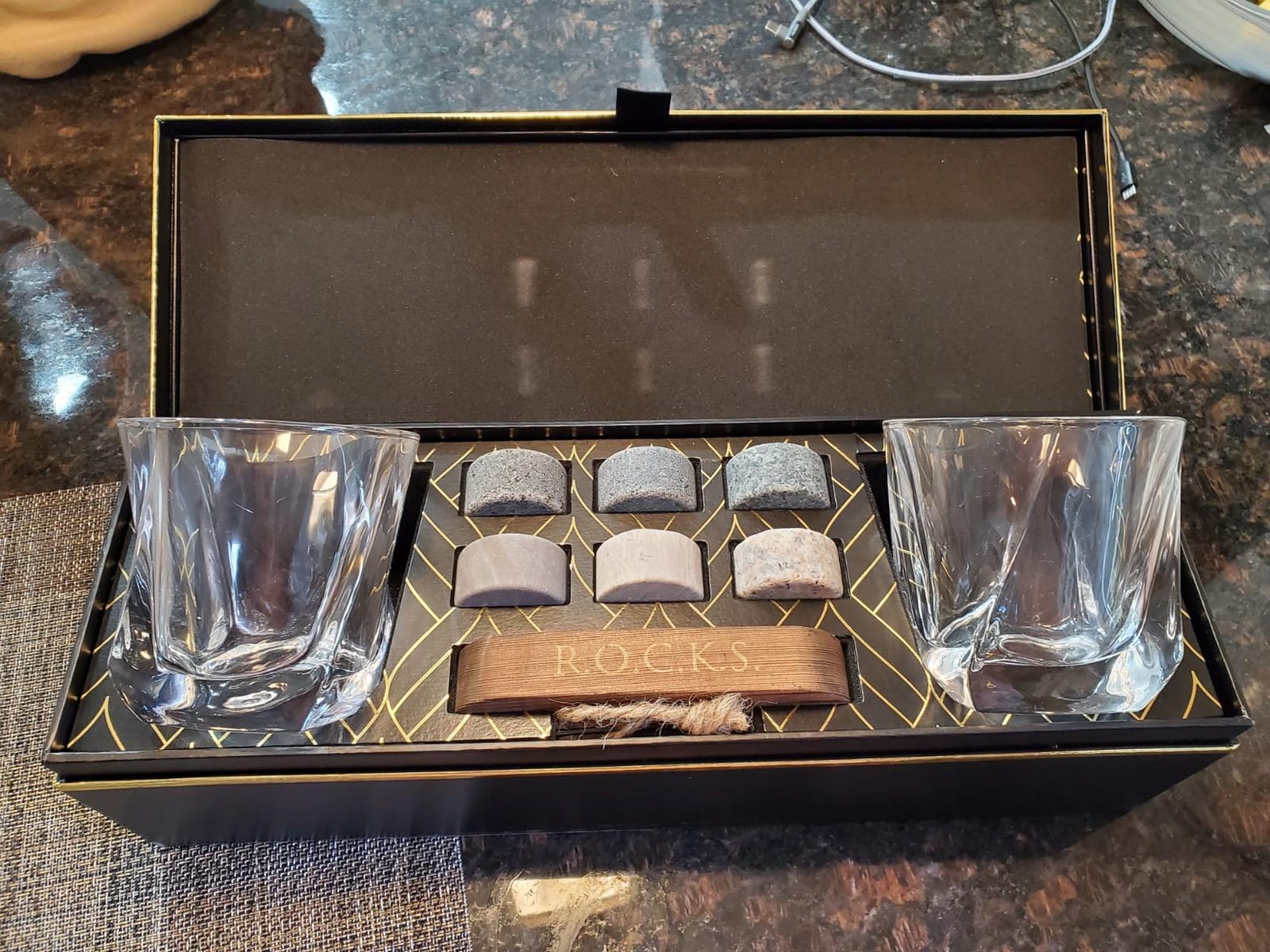 Whiskey Chilling Stones Gift Set - 6 Handcrafted Premium Granite Round Sipping Rocks - 2 Crystal Superior Glasses - Hardwood Presentation & Storage Tray - Elegant Gold Foil Gift Box by R.O.C.K.S. customer photo 1