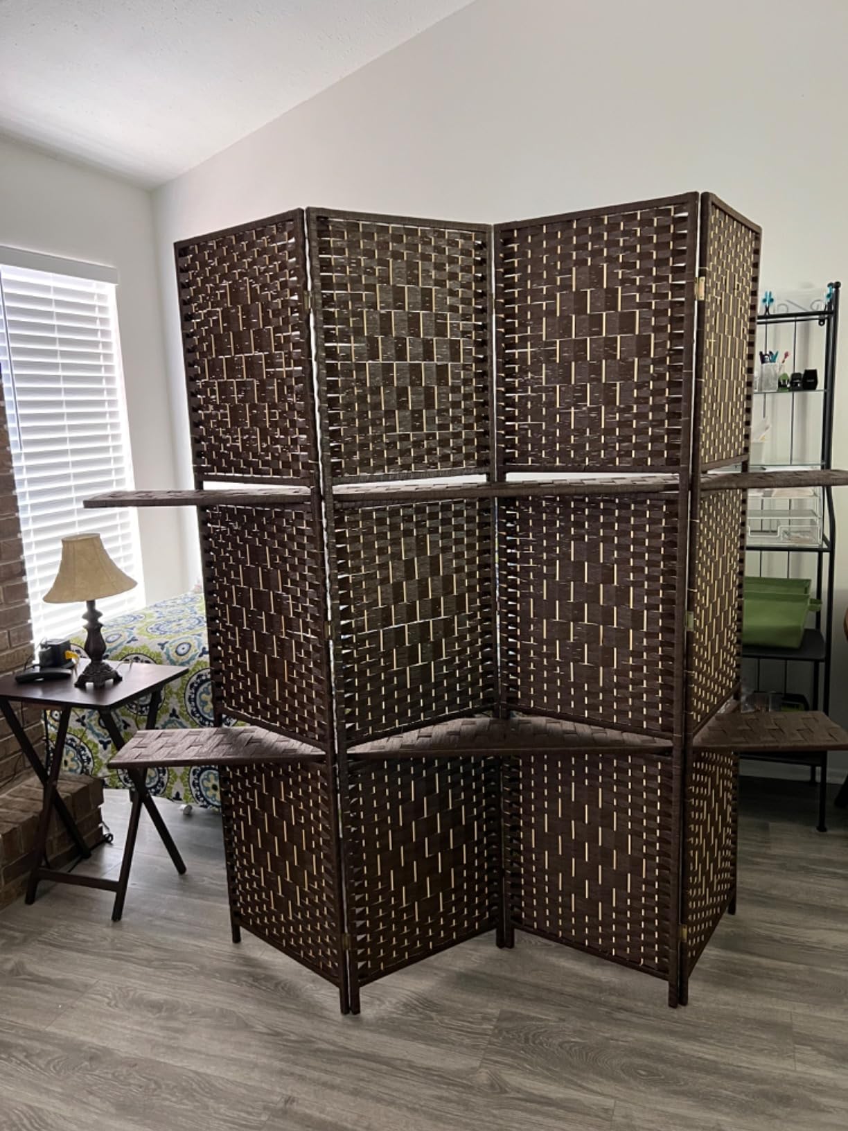 FDW | 4 Panel Folding Room Divider with Shelves | 5.9ft, Brown | Wooden Wall Divider | Hand Woven Mesh, Portable & Foldable customer photo 1