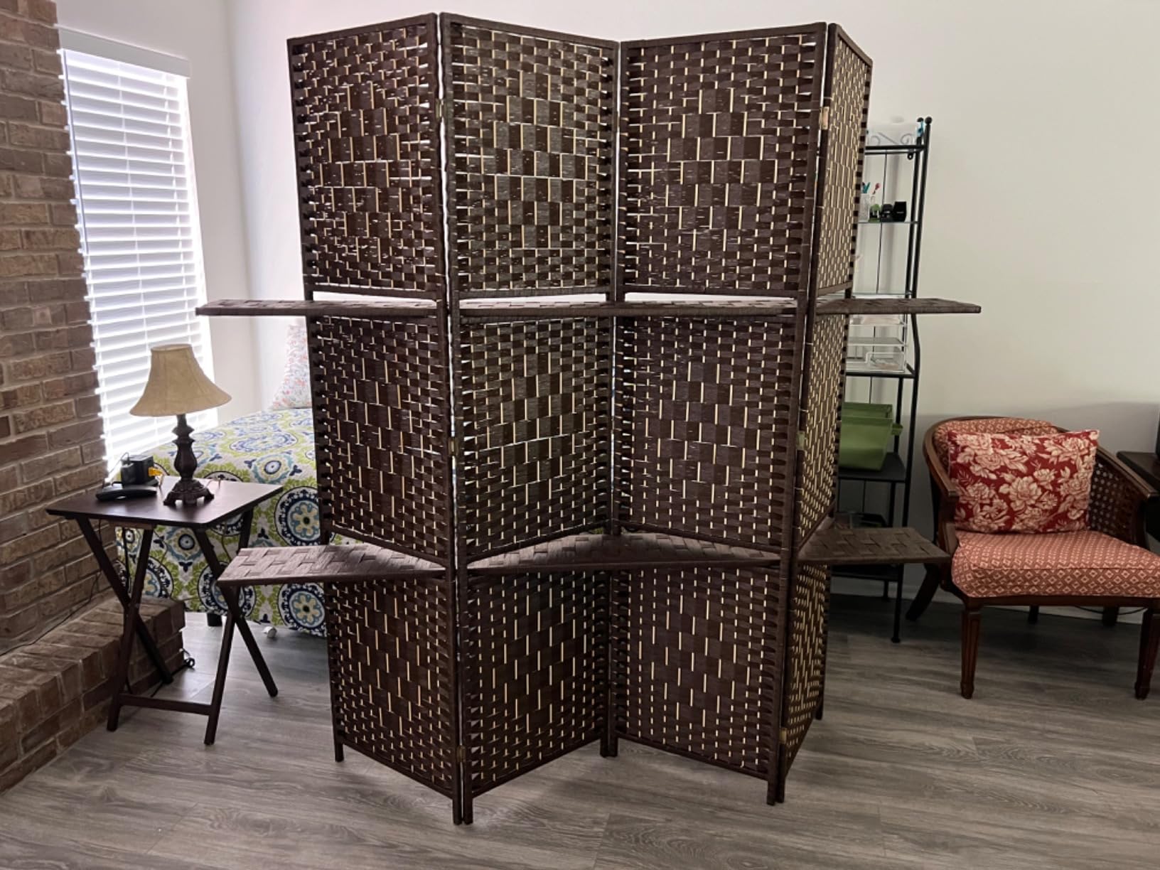 FDW | 4 Panel Folding Room Divider with Shelves | 5.9ft, Brown | Wooden Wall Divider | Hand Woven Mesh, Portable & Foldable customer photo 2