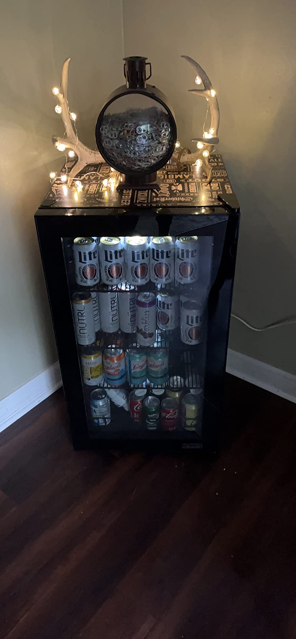 NewAir 126 Can Beverage Refrigerator | Freestanding Mini Fridge for Home Bar or Office | SplitShelf Storage, 32°F Cooling & LED Lighting | 'Beers of the World' Design customer photo 1