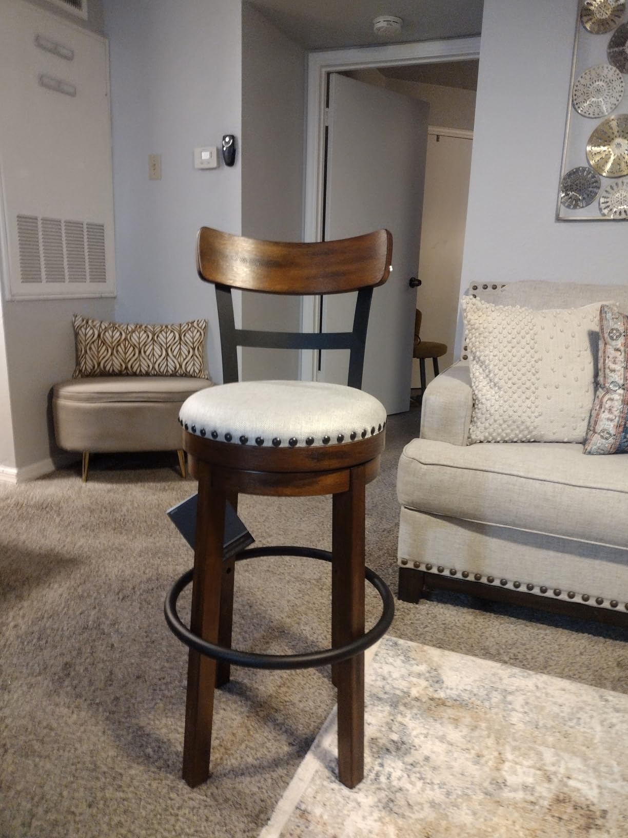 Signature Design by Ashley Valebeck Swivel Bar Stool with Back, 30 in | Wood & engineered wood, 360-degree swivel, Linen colored polyester, Rustic farmhouse style, 250 lb capacity customer photo 1