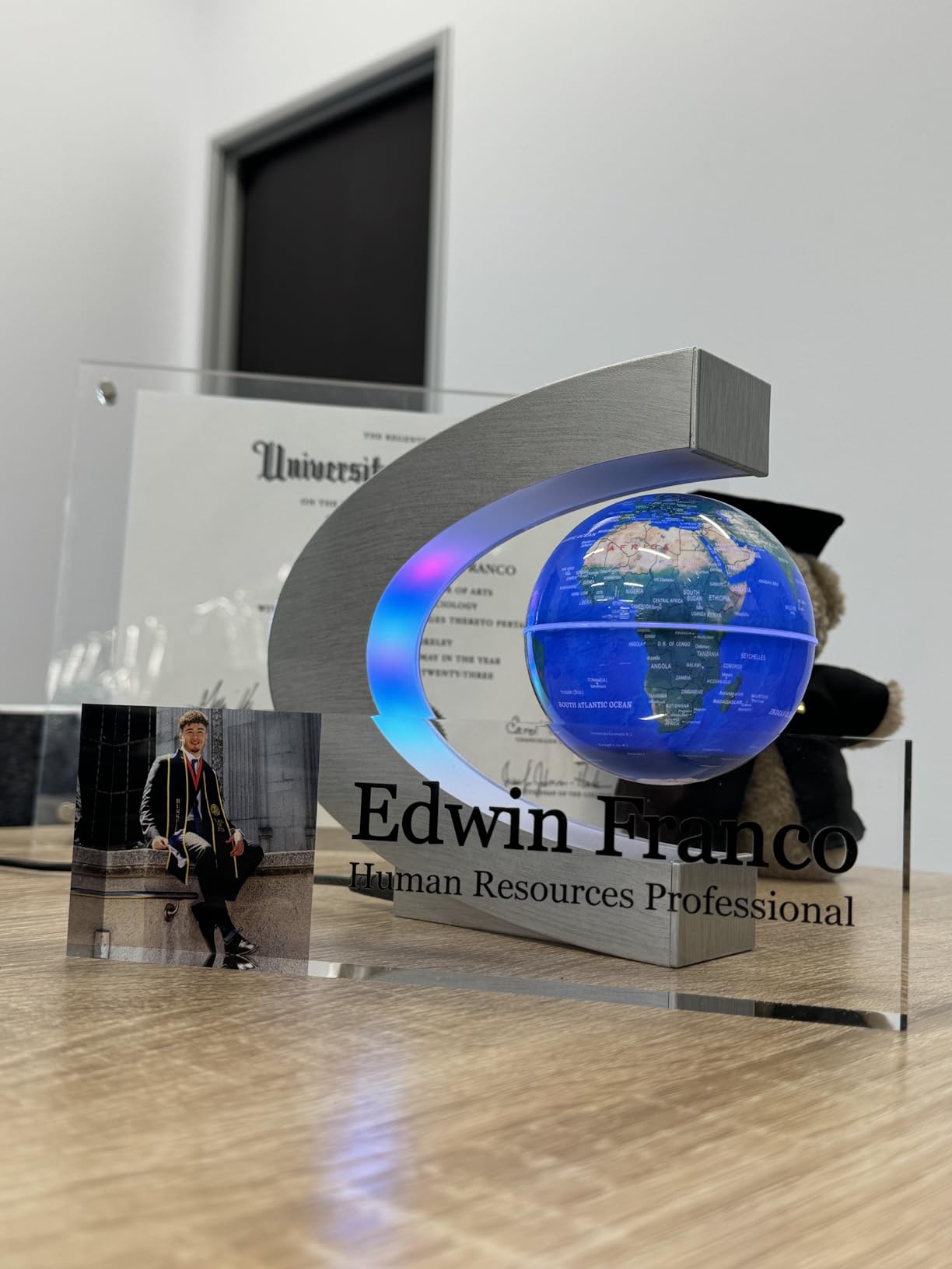 Artblox Personalized Name Plate for Desk | White Marble Design On Clear Acrylic Glass | Custom Plaque Desk Name Plate Personalized Your Name and Credentials Office Office Sign Engraved Plaque customer photo 2