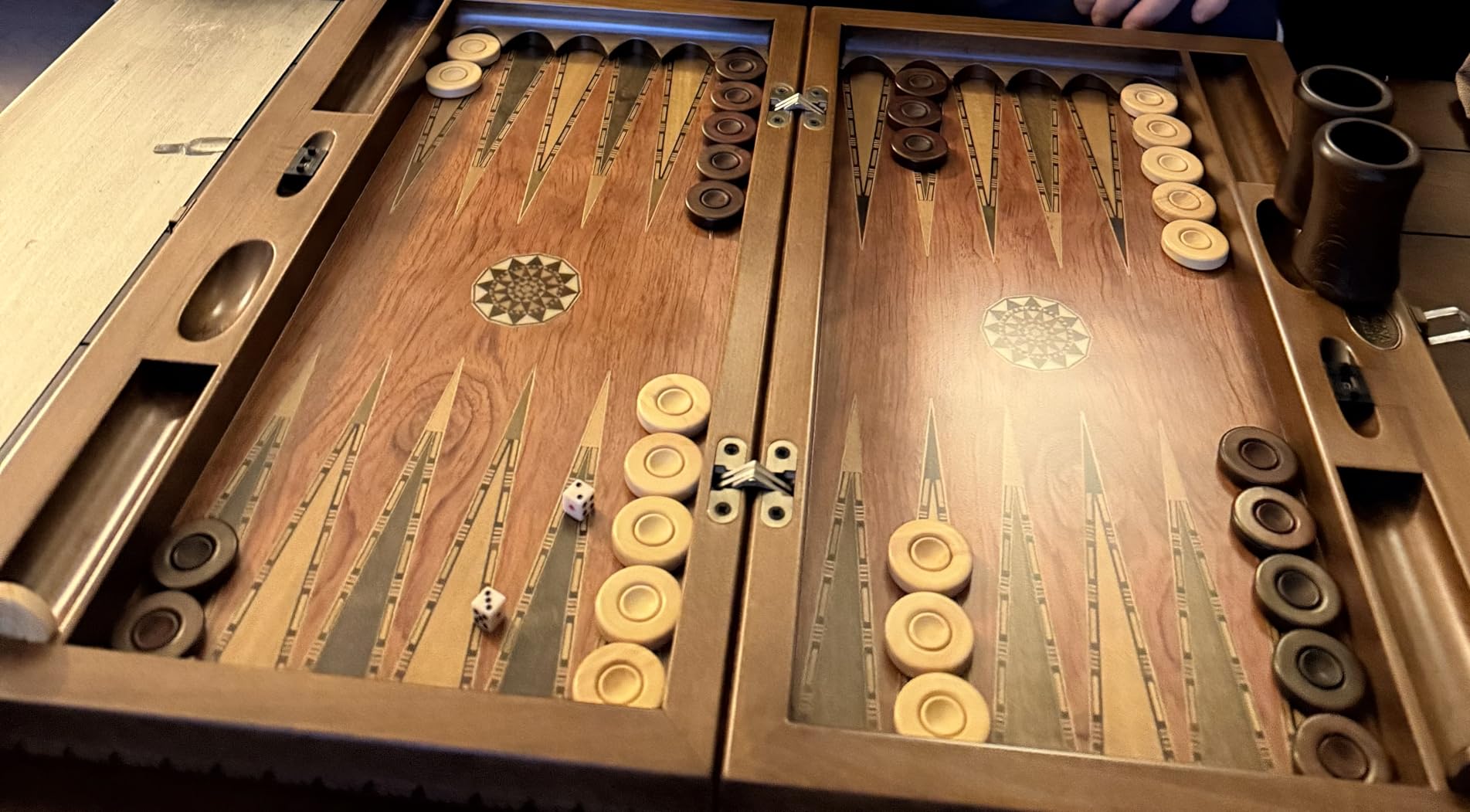 Backgammon Set Mosaic and Carved Design - Foldable Rosewood Board - Classic Board Game - Size 20,5