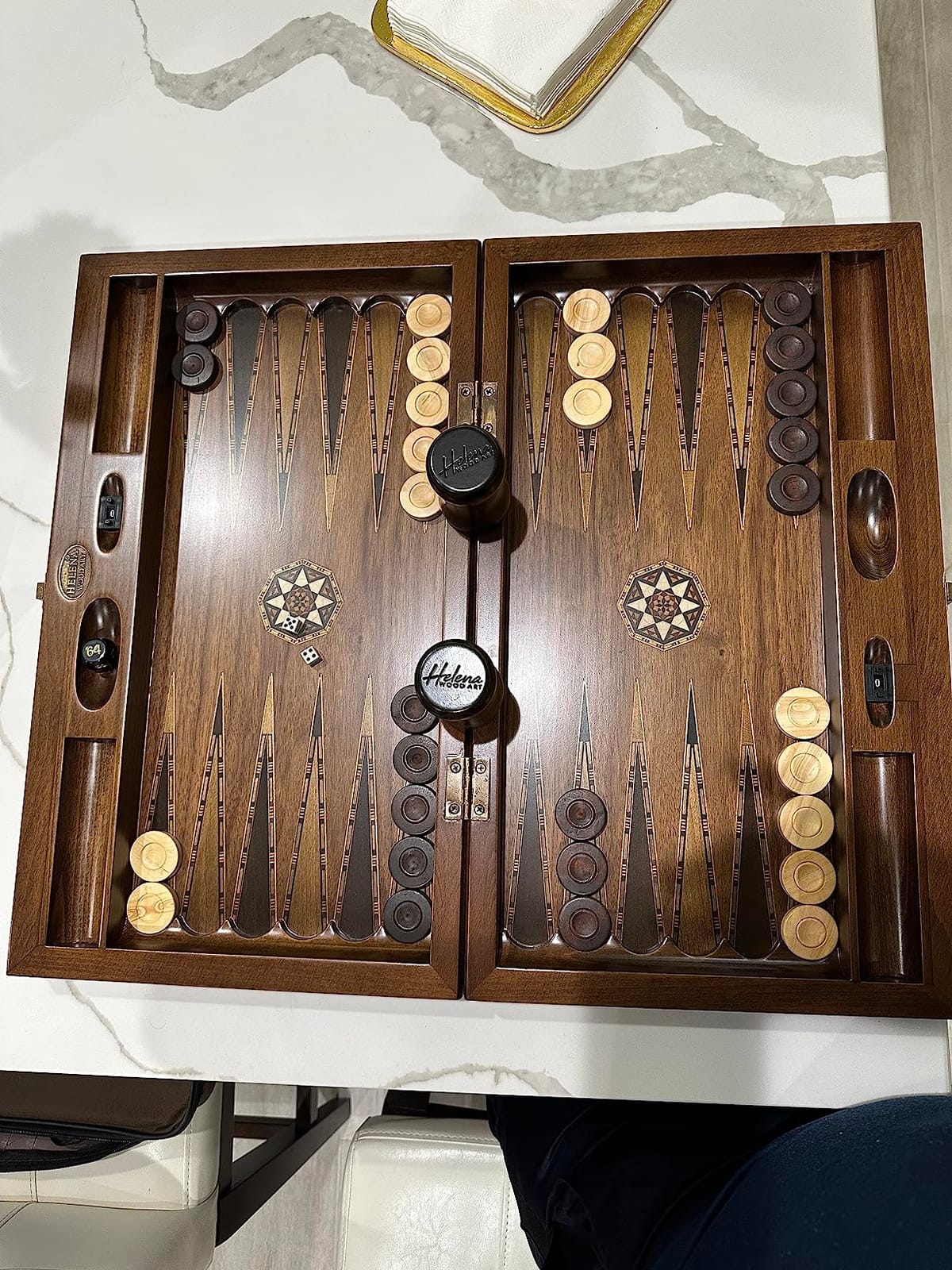 Backgammon Set Mosaic Design- Foldable Walnut Board - Classic Board Game - Size 20,5