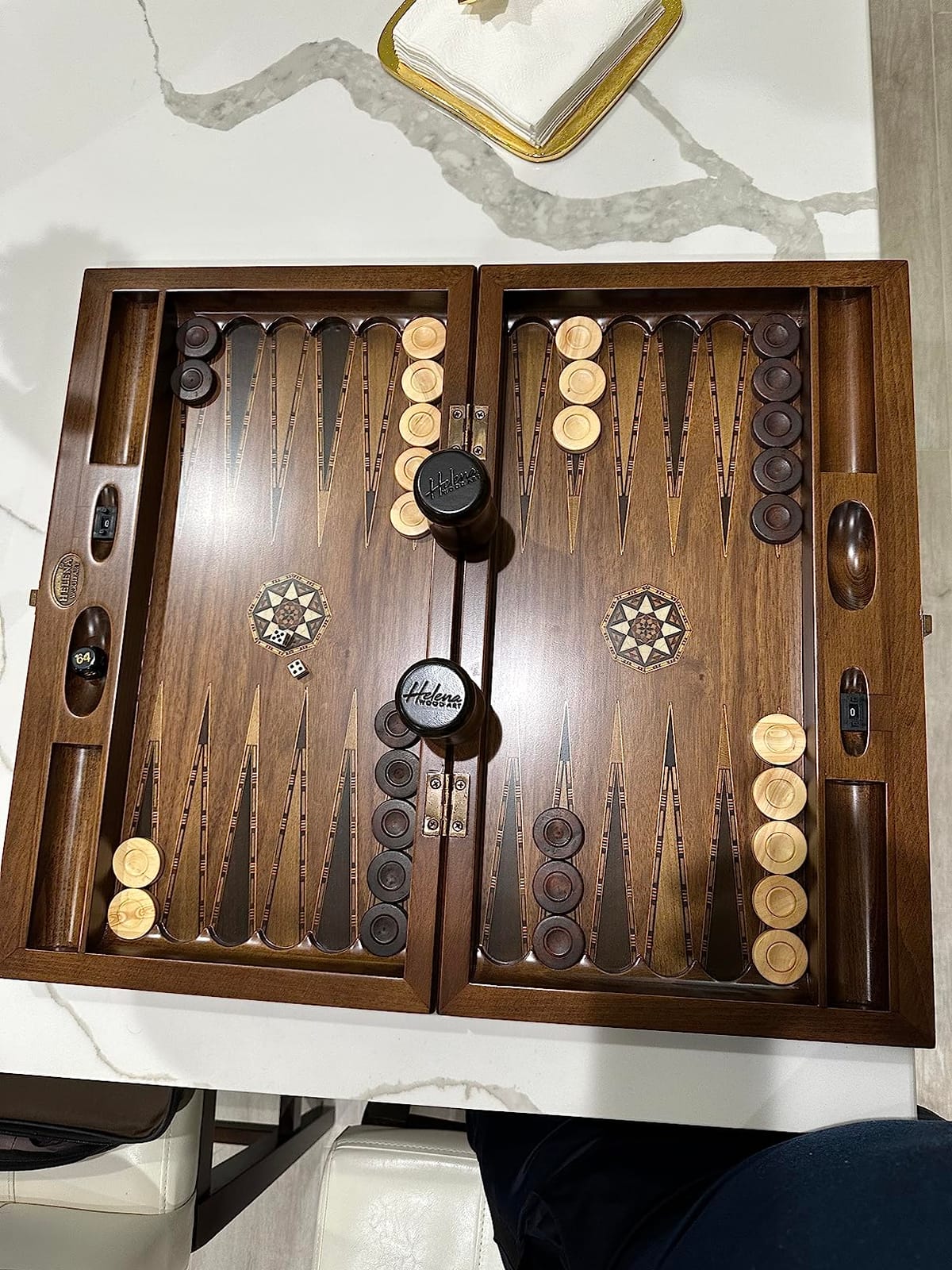 Backgammon Set Mosaic Design- Foldable Walnut Board - Classic Board Game - Size 20,5