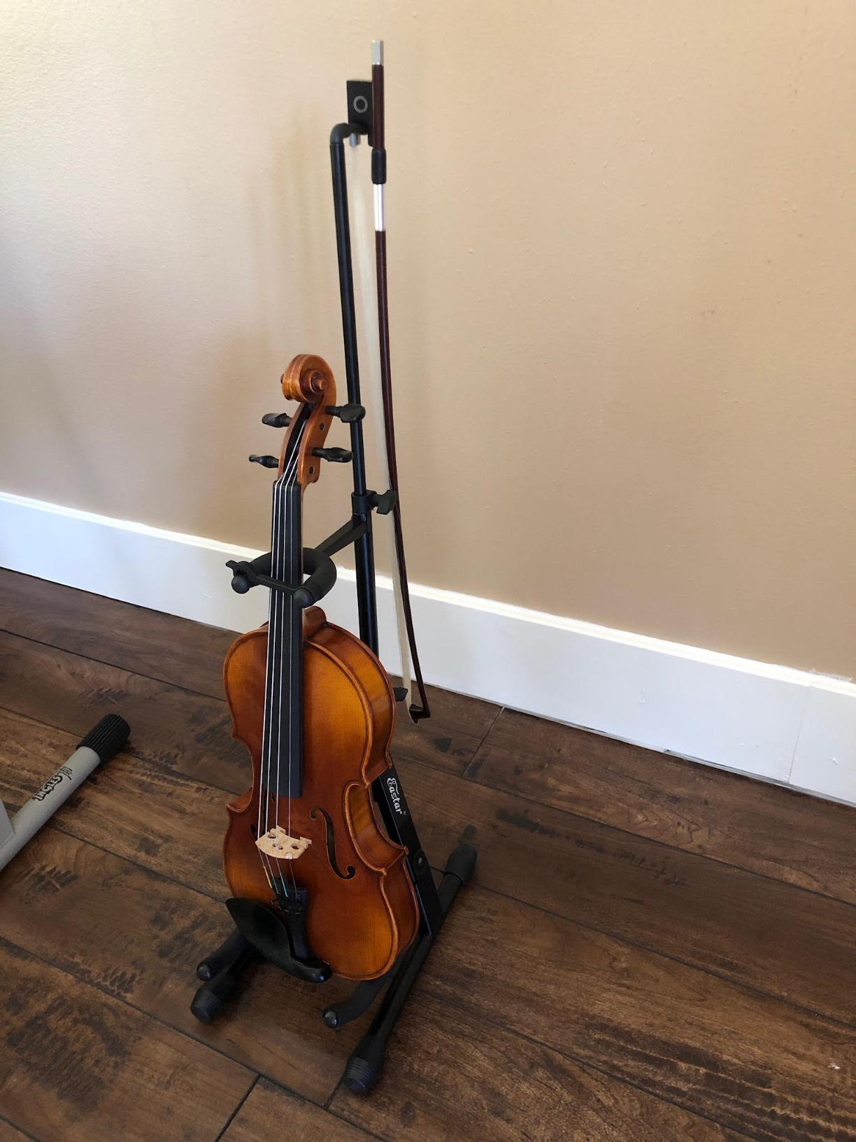 Eastar Violin Stand with Bows, Stand for acoustic Guitar Bass, Mandolin, Banjo, Portable and Adjustable Holder Black, Easy to Install and Sturdy customer photo 2