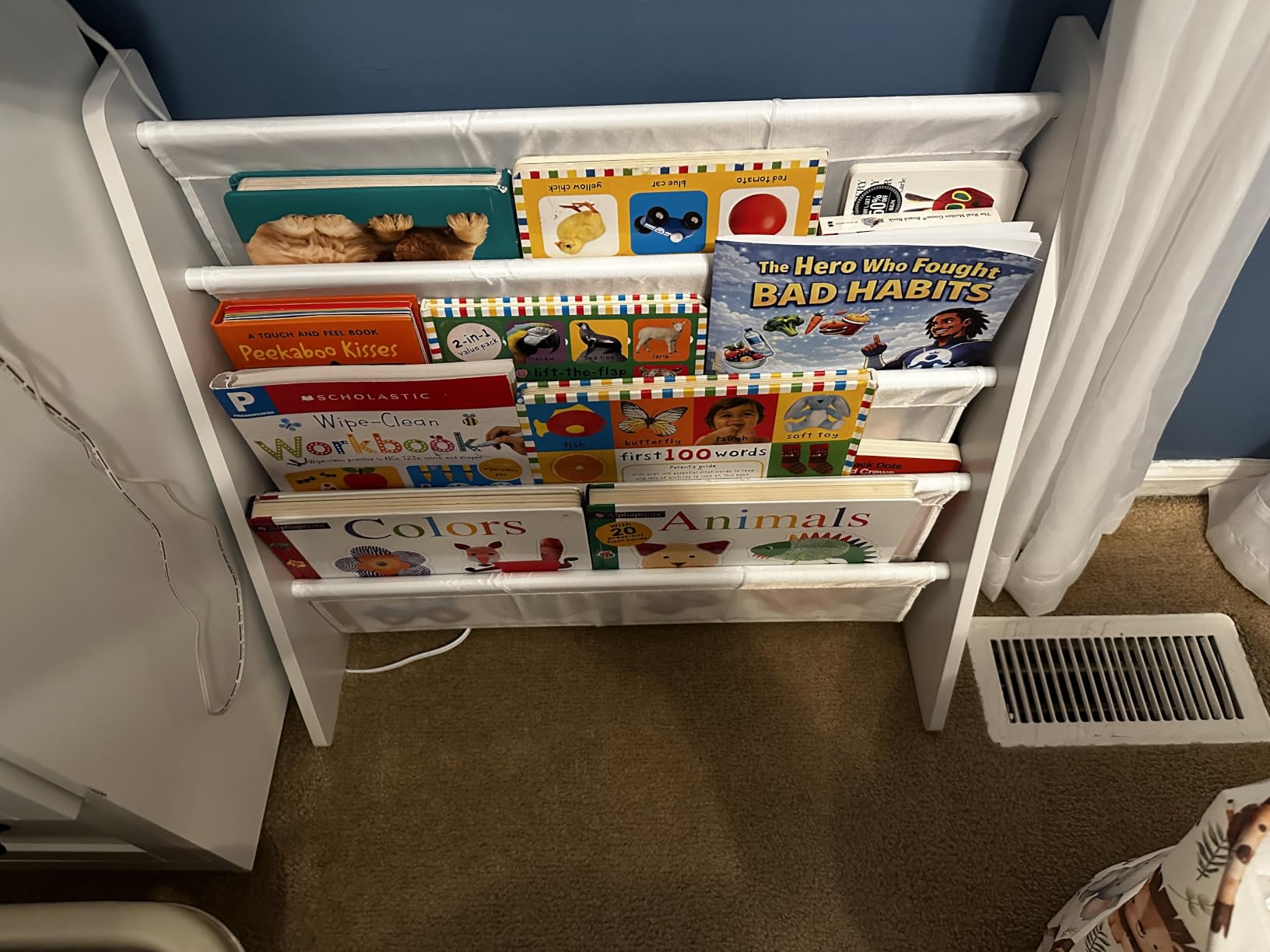 Humble Crew Kids Bookshelf, Montessori Front Facing Toddler Bookcase 4 Tier | Book display rack and reading nook organizer, nylon pockets show covers face out, compact for any playroom or bedroom space customer photo 1
