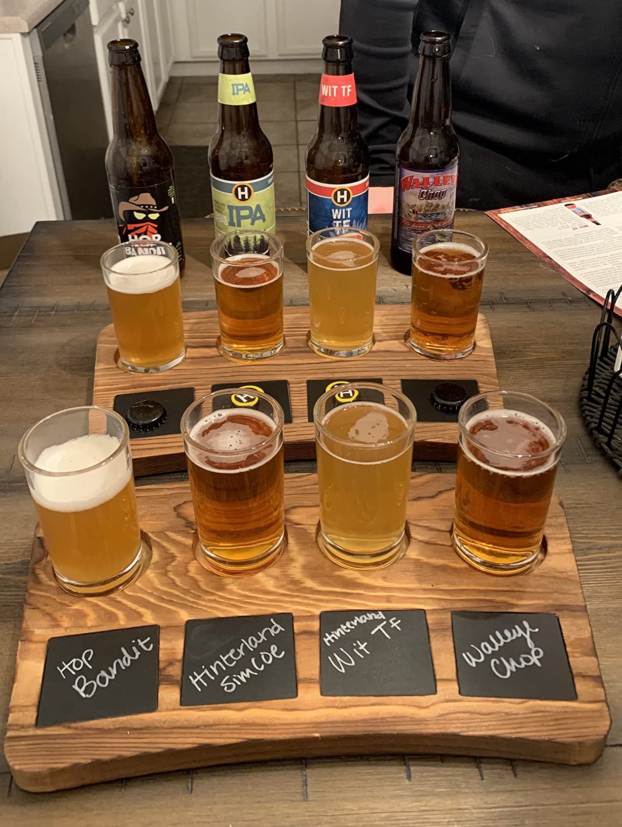 MyGift 5 Piece Set Vintage Grey Wood Beer Flight Tasting Glasses (6 oz) and Server Board Tray with Chalkboard Labels customer photo 2