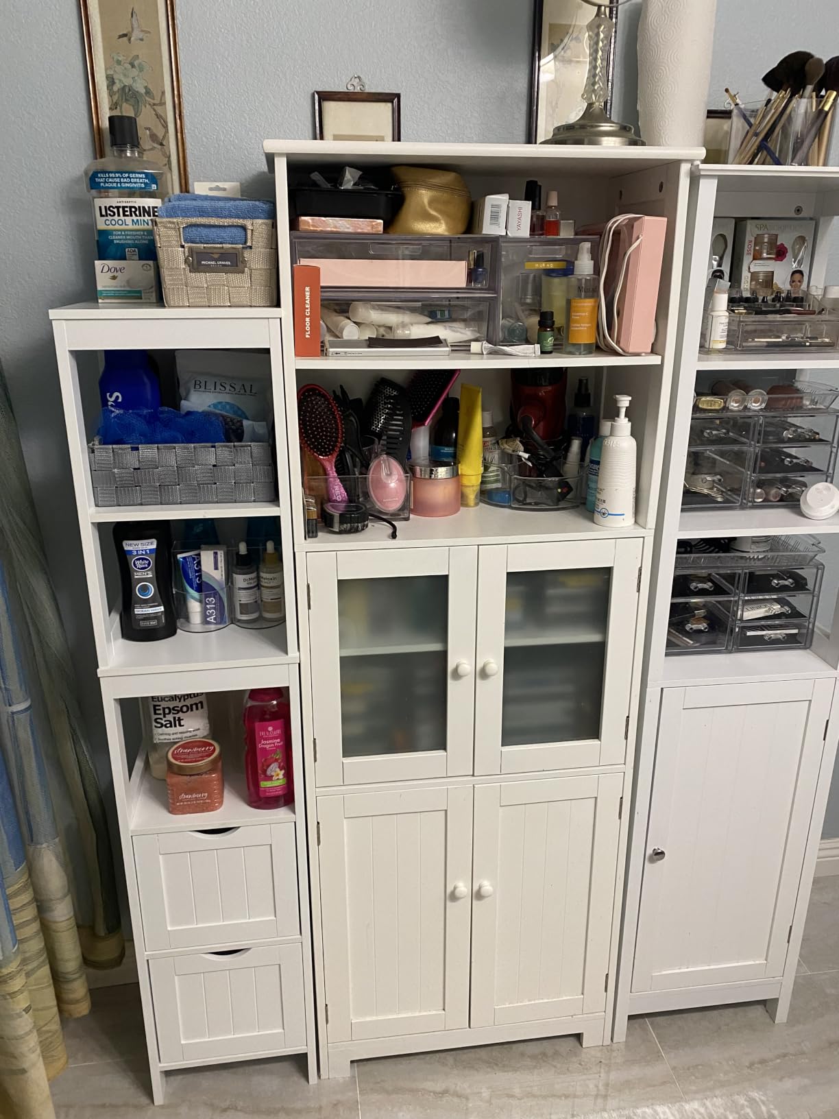 VASAGLE Storage Cabinet, Storage Organizer Rack Stand for Bathroom, Living Room, Multifunctional Corner Unit, 2 Drawers, 55.7 Inches in Height, White UBBC66WT customer photo 1