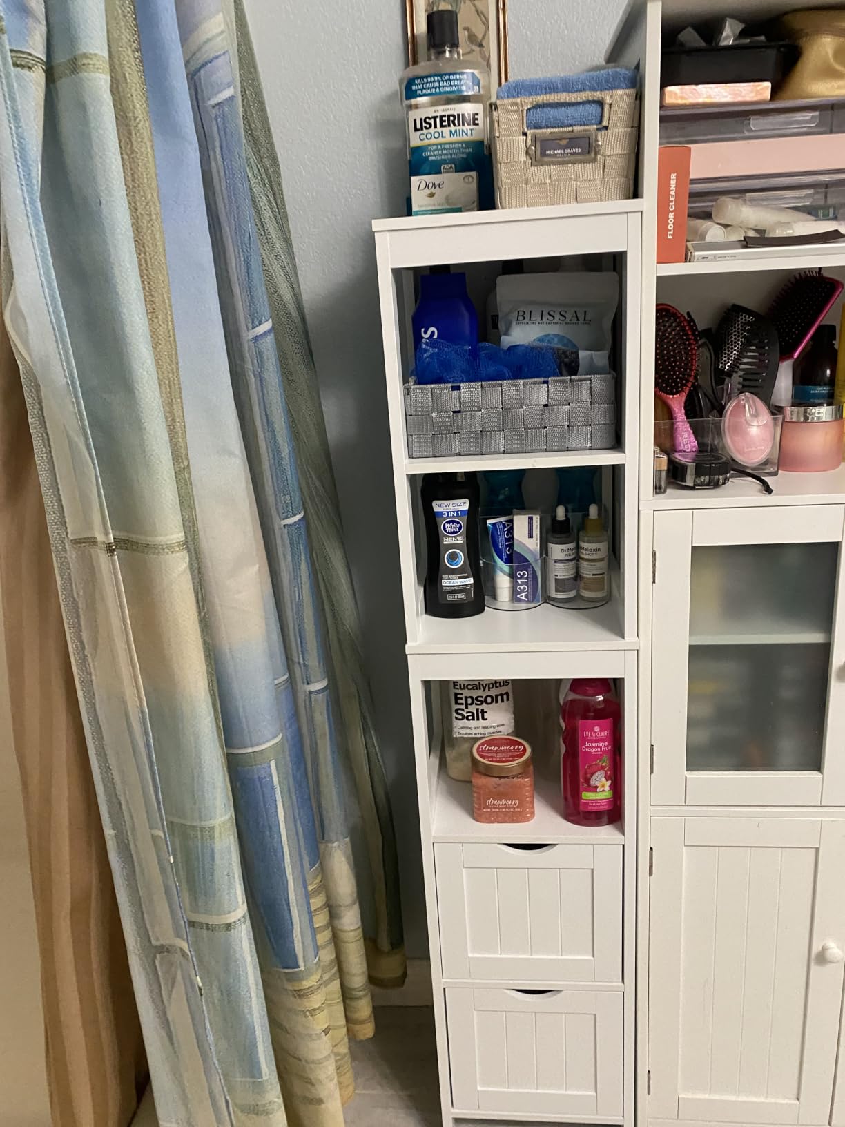 VASAGLE Storage Cabinet, Storage Organizer Rack Stand for Bathroom, Living Room, Multifunctional Corner Unit, 2 Drawers, 55.7 Inches in Height, White UBBC66WT customer photo 2