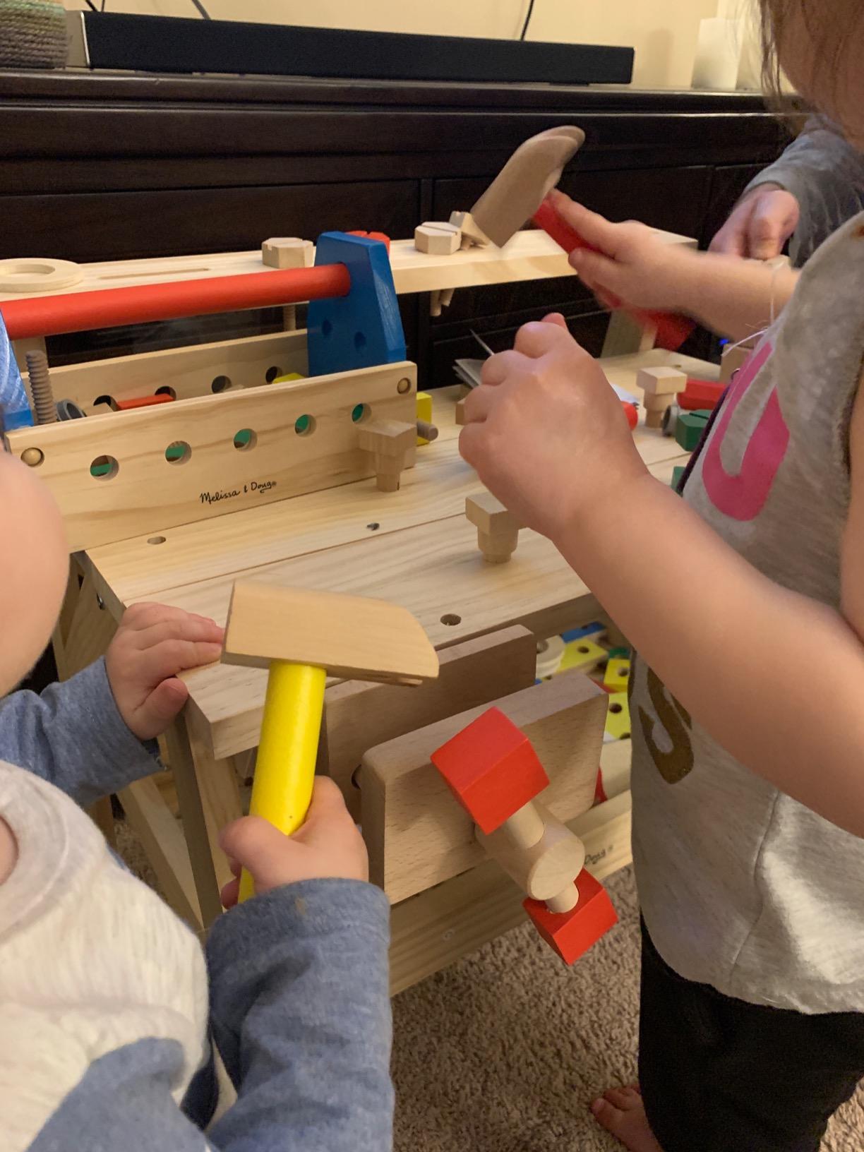 Melissa & Doug Wooden Project Workbench, 55-Piece Pretend Building Set | Includes 5 Wooden Tools & Vise customer photo 2