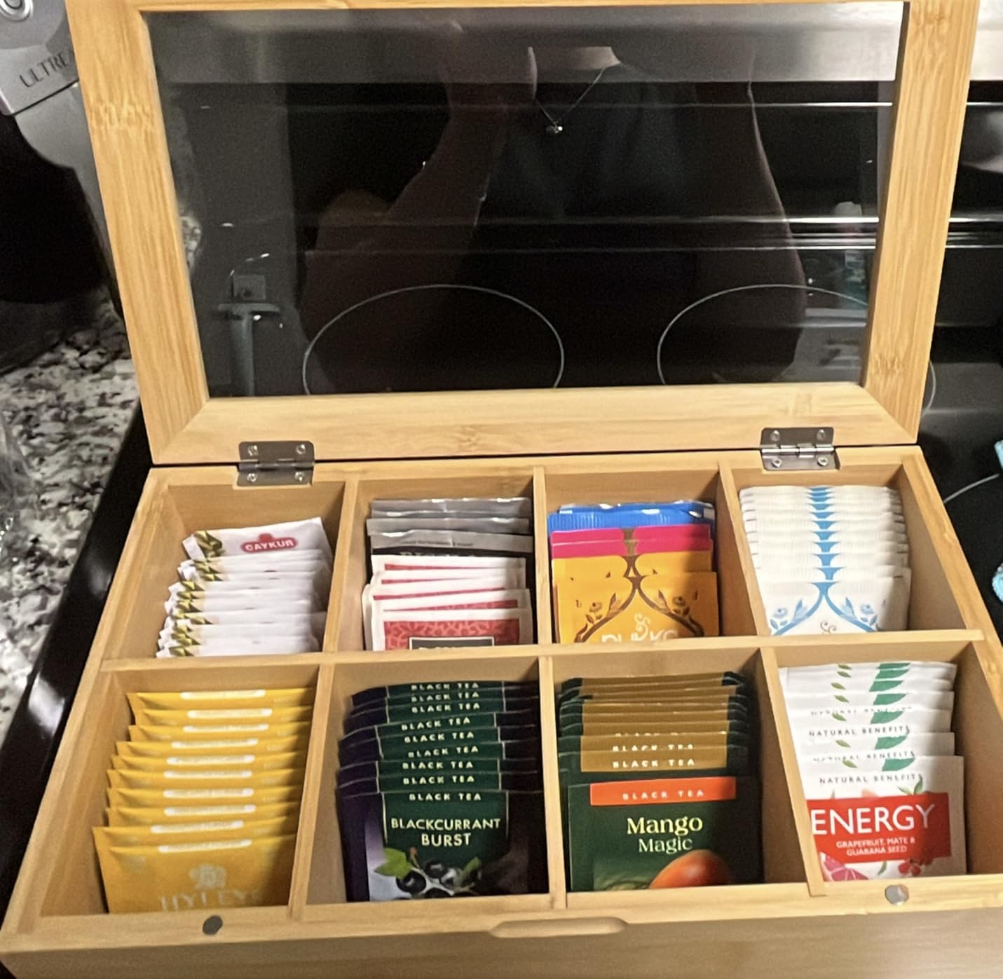 Natural Bamboo Tea Storage Organizer with Clear Acrylic Top Window | 12 Compartments Eco-Friendly Tea Bag Holder, Multi-Functional Storage Box customer photo 1