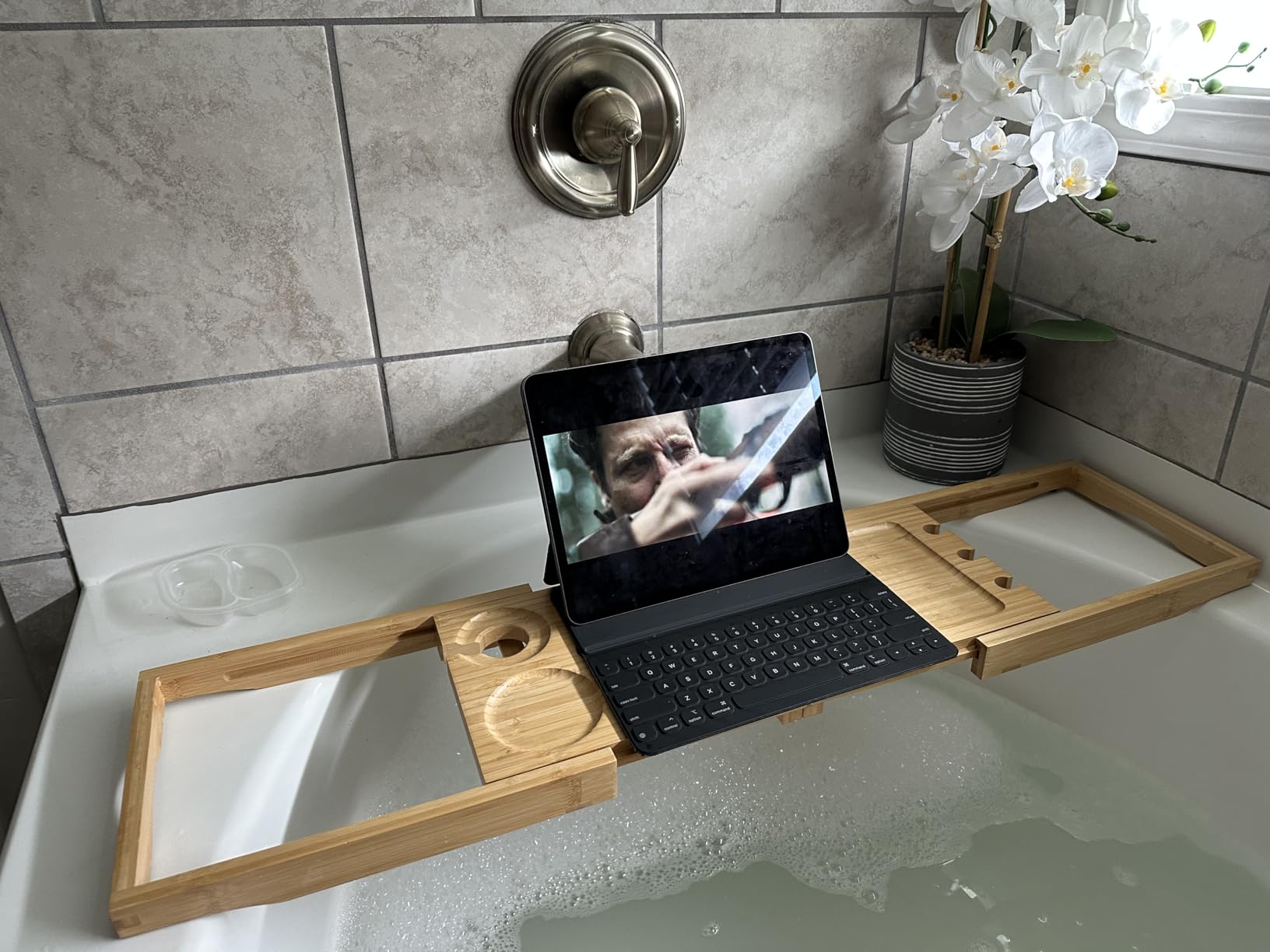 Utoplike Bamboo Bathtub Caddy Tray for Tub, Expandable Bath Table Trays | Adjustable, Bathroom Organizer with Book Tablet Stand, Wine Glass Cup, Towel Holder (24.5