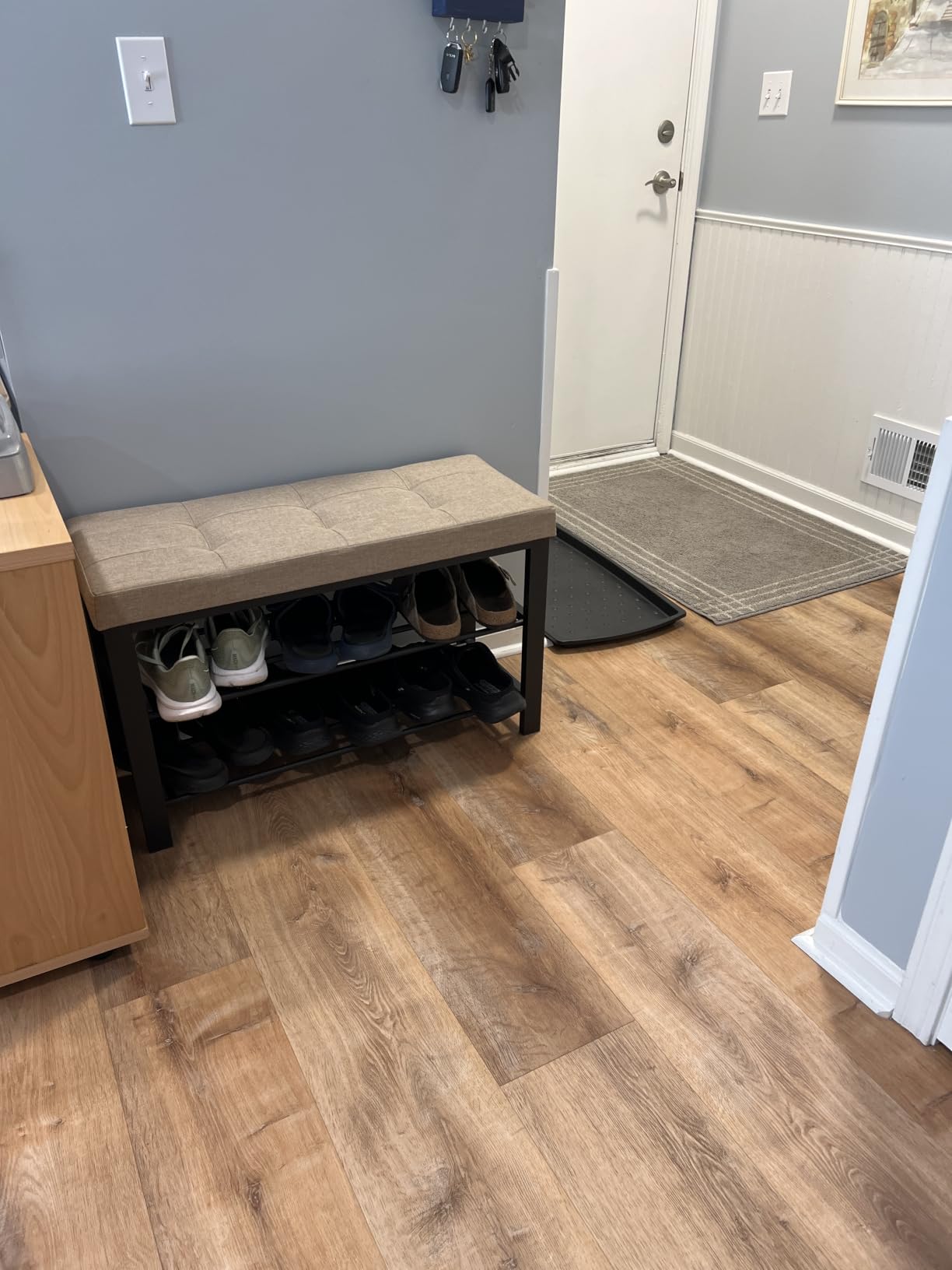 SONGMICS Shoe Bench, Storage Bench, Entryway Bench with Cushion, Shoe Shelf with Seat, Space-Saving, Modern Style, for Living Room, Bedroom, Hallway, Dark Gray and Ink Black ULBS57GYZ customer photo 2