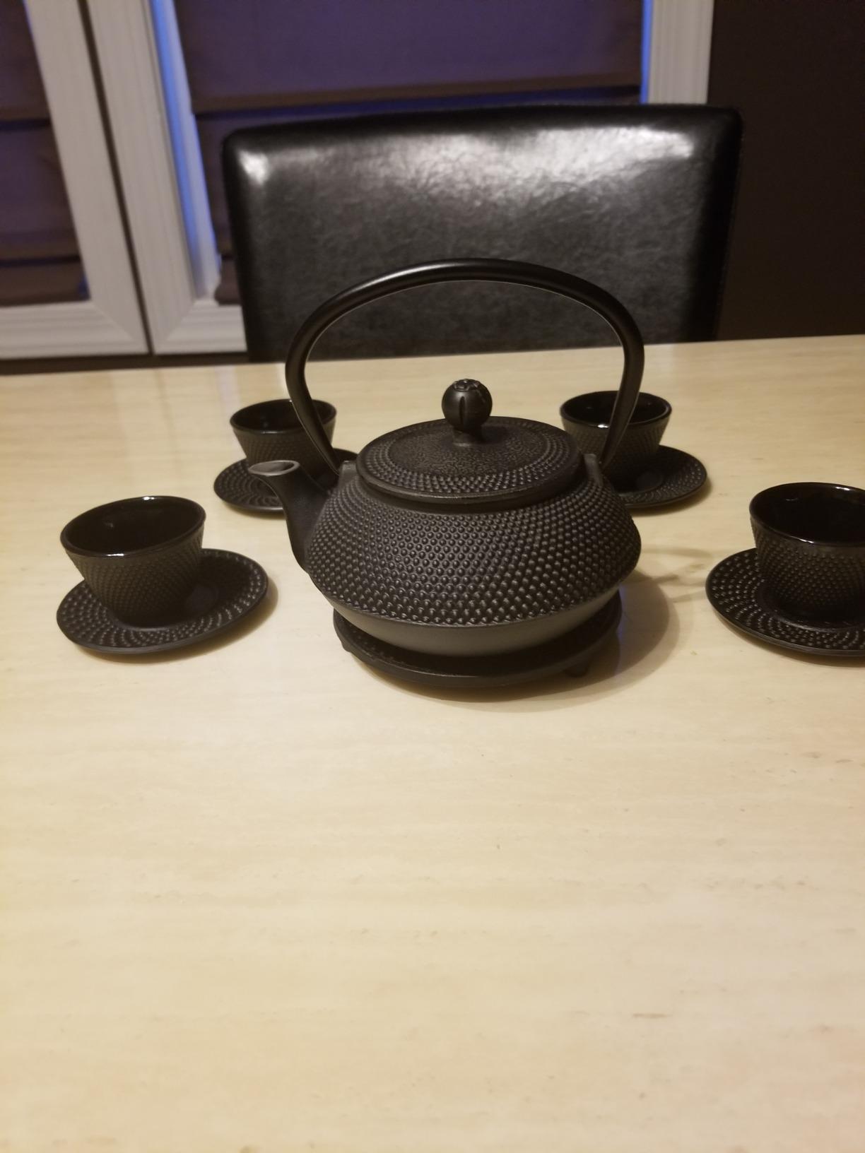 Large 11PC Japanese Tea Set KONJOU Blue Cast Iron Tea Pot 26Oz with 4 Tea Cups (2Oz each), 4 Saucers, Leaf Tea Infuser and Trivet. Ceremonial Matcha Accessories customer photo 1