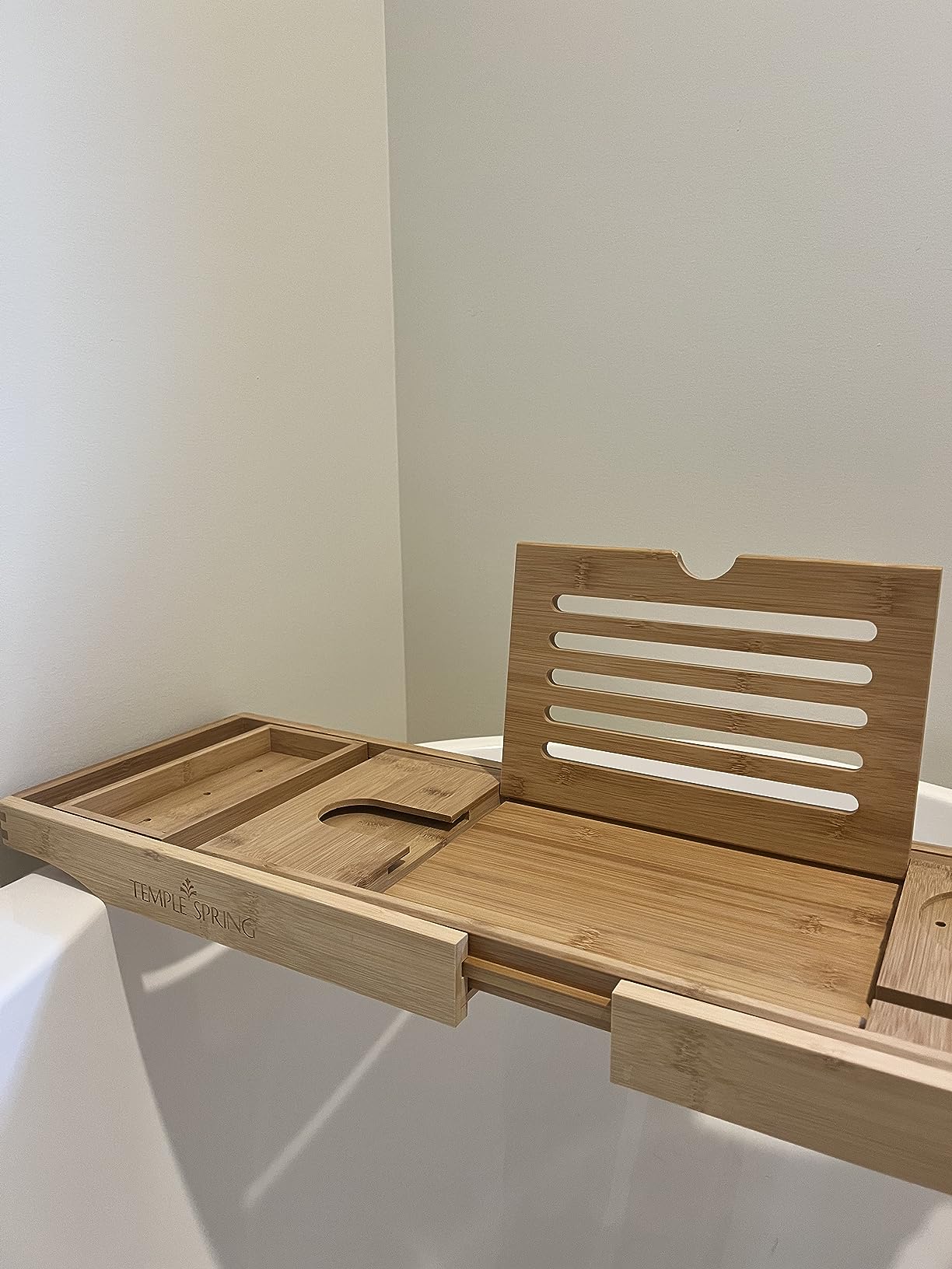Temple Spring Bamboo Bathtub Tray Caddy for Tub - Expandable Wood Bath Tray with Solid Book Stand Wine Holder and Non-Slip Pads - Includes Bamboo Soap Dish and Spa Accessories - Luxury Bath Gift Set customer photo 1