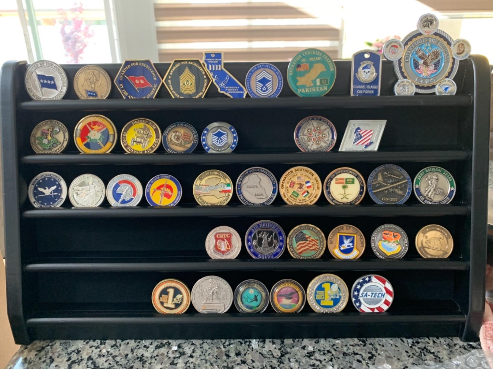 Challenge Coin Display Case, 5 Row Military Coin Wooden Holder Rack Stand Holds 45 Coins for Desk or Wall Mount, Coin Holders for Collectors (Mahogany Finish) customer photo 1