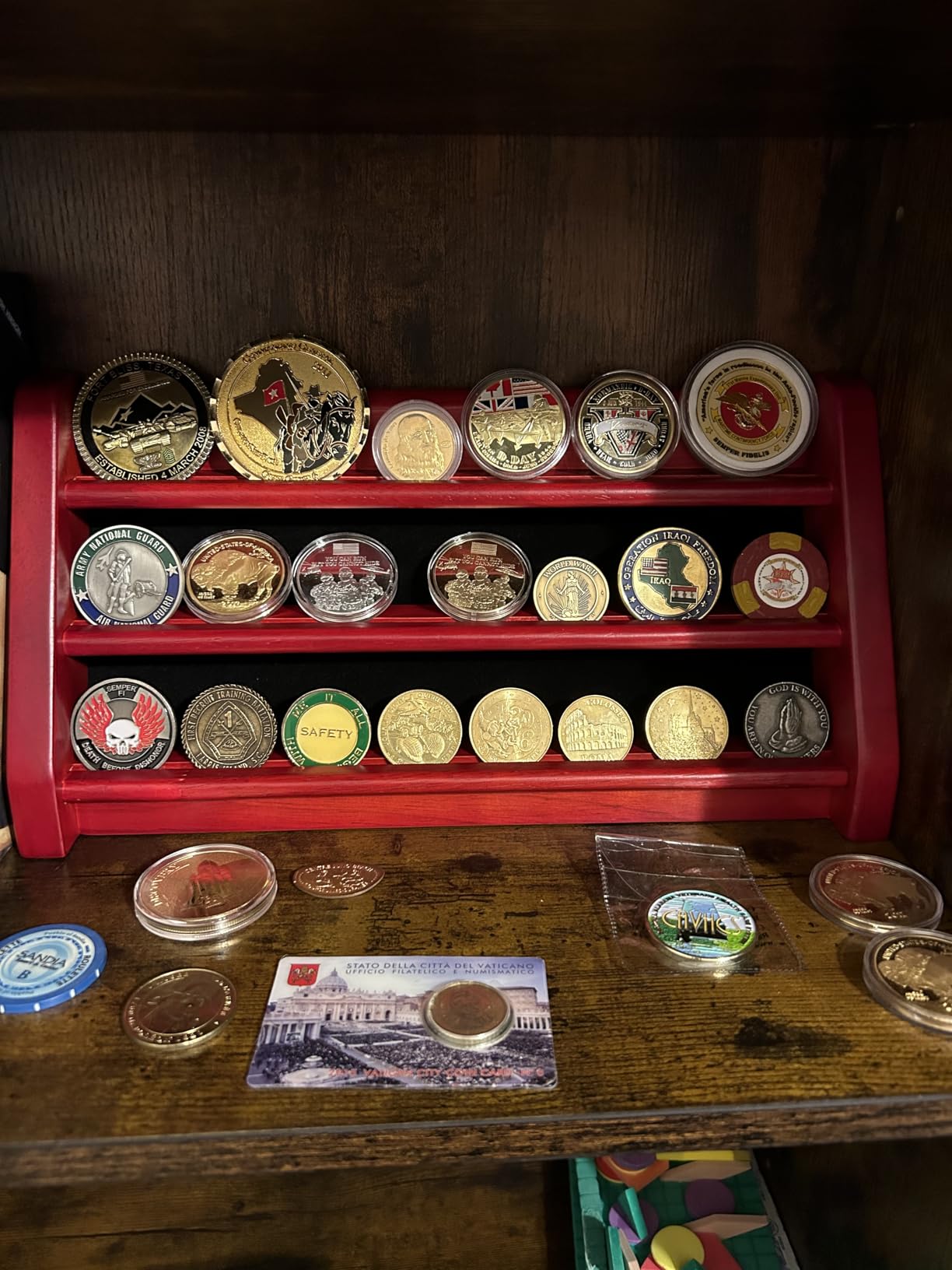 Challenge Coin Display Case, 5 Row Military Coin Wooden Holder Rack Stand Holds 45 Coins for Desk or Wall Mount, Coin Holders for Collectors (Mahogany Finish) customer photo 2