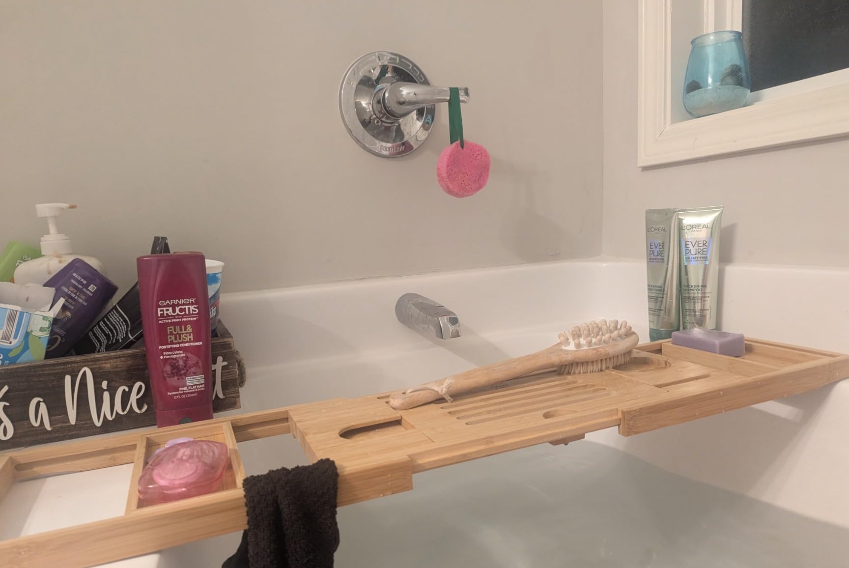 Deep Calm Bathtub Tray Caddy - Bamboo Foldable Bath Tub Table, Expandable Bath Tray Holds All Bathtub Accessories, Perfect Luxury Relaxing Gift for Self Care customer photo 2