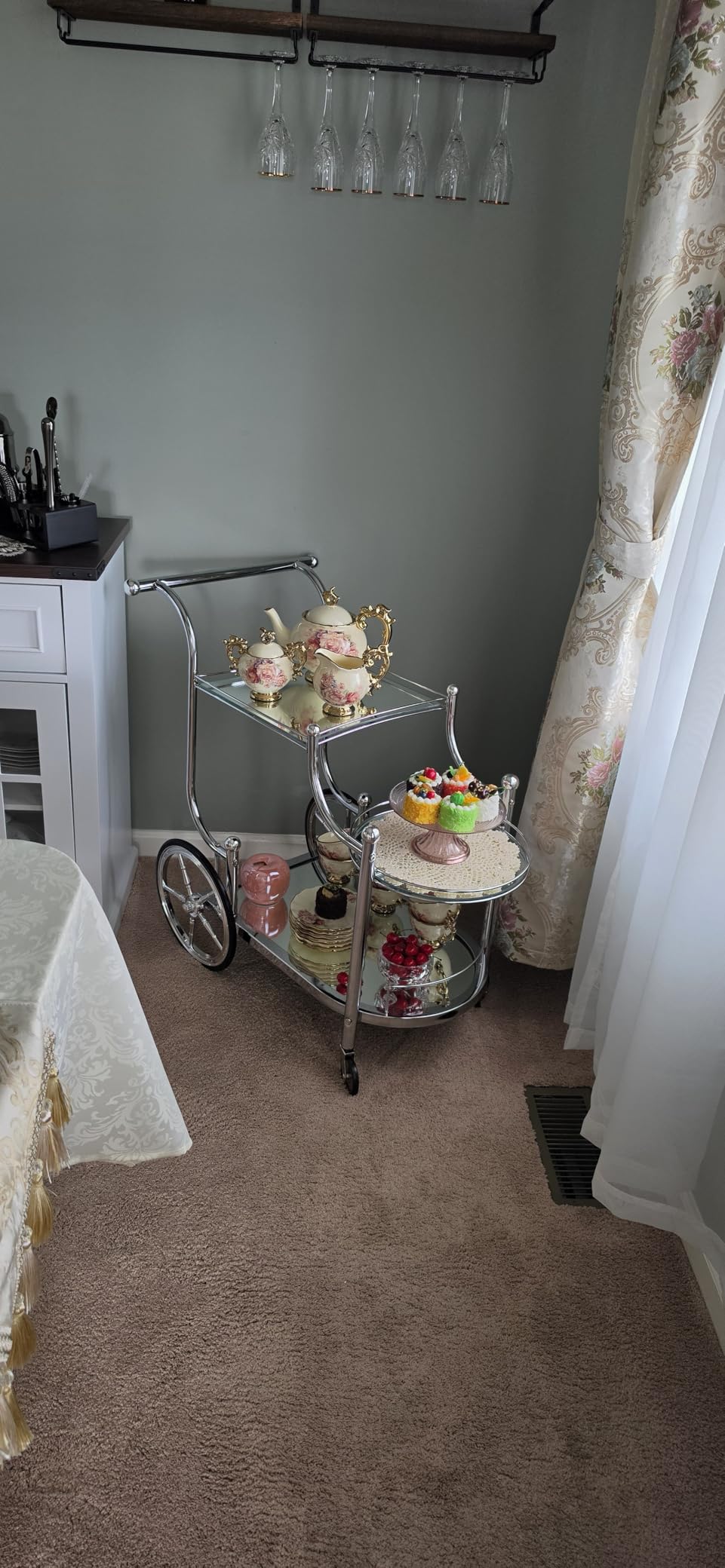 Tangkula Bar Cart, 3-Tier Rolling Home Bar Serving Cart with Mirrored Shelves & 4 Wheels, Mobile Beverage & Wine Cart for Kitchen, Dining Room, Living Room (Silver) customer photo 2