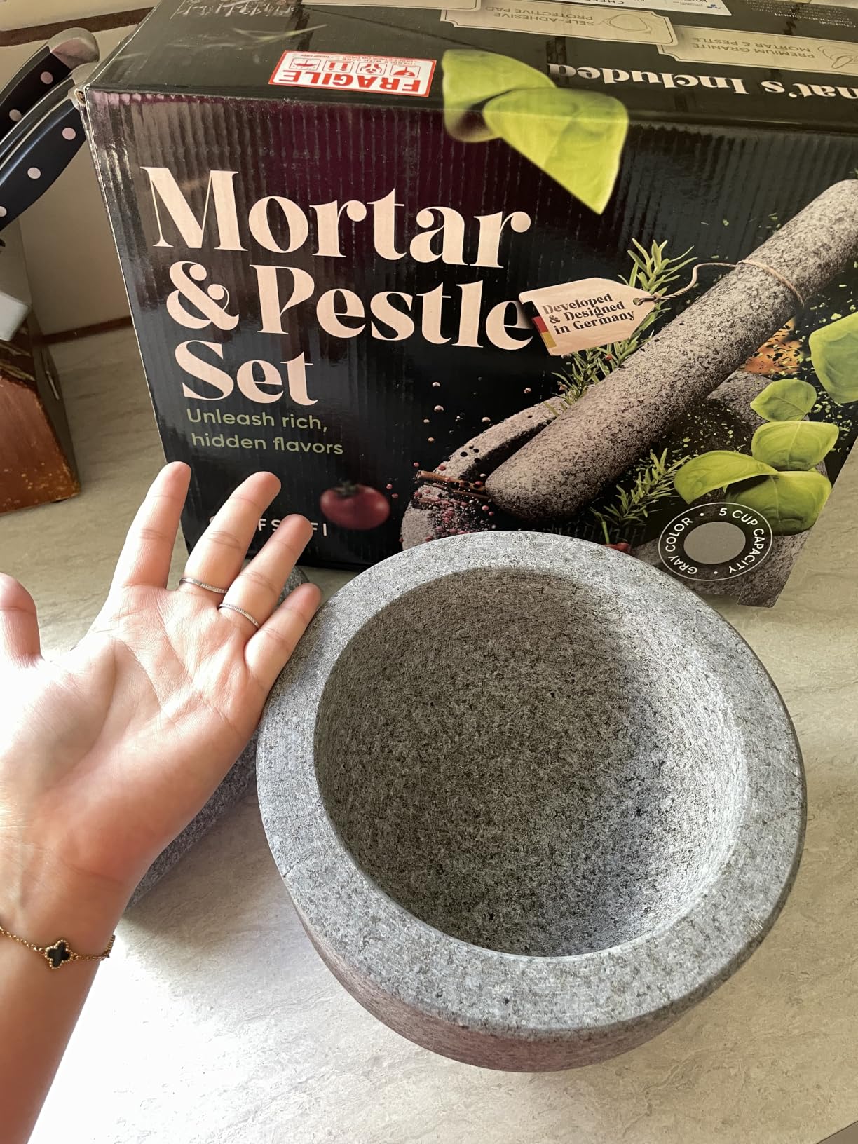 ChefSofi Extra Large 8 Inch 5 Cup-Capacity Mortar and Pestle Set - One Huge Mortar and Two Pestels: 8.5 inch and 6.5 inch - Unpolished Heavy Granite for Enhanced Performance and Organic Appearance customer photo 1