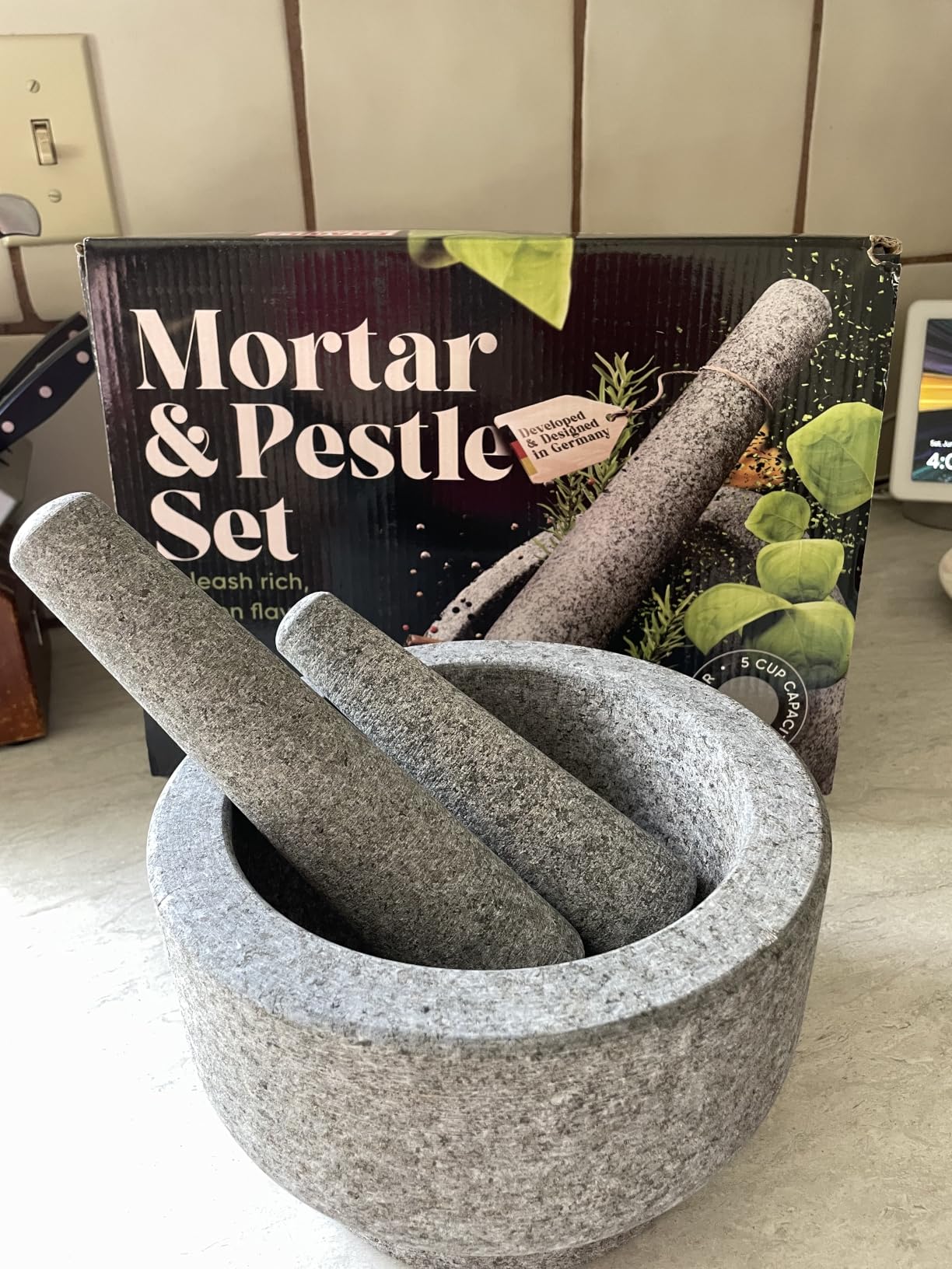 ChefSofi Extra Large 8 Inch 5 Cup-Capacity Mortar and Pestle Set - One Huge Mortar and Two Pestels: 8.5 inch and 6.5 inch - Unpolished Heavy Granite for Enhanced Performance and Organic Appearance customer photo 2