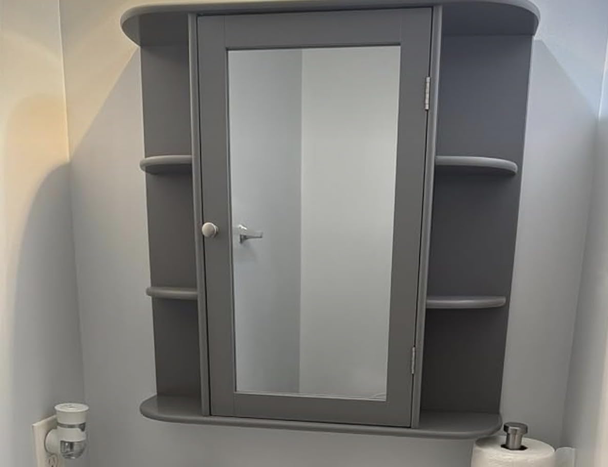 Tangkula Bathroom Medicine Cabinet with Mirror, Modern Wall Mounted Space-Saving Storage Organizer with Mirrored Door, 4 Internal Shelves & 6 Open Side Shelves, Bathroom Wall Cabinet (White) customer photo 2