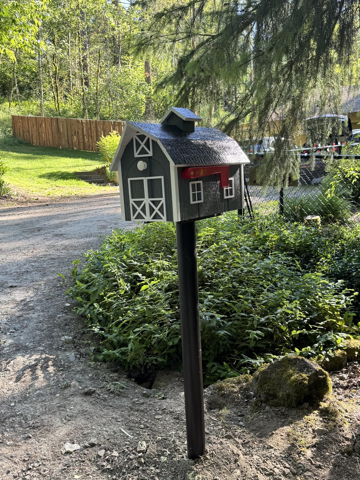Deluxe Wooden Mailbox, Dutch Barn Style (Navy Blue with White Trim) customer photo 1