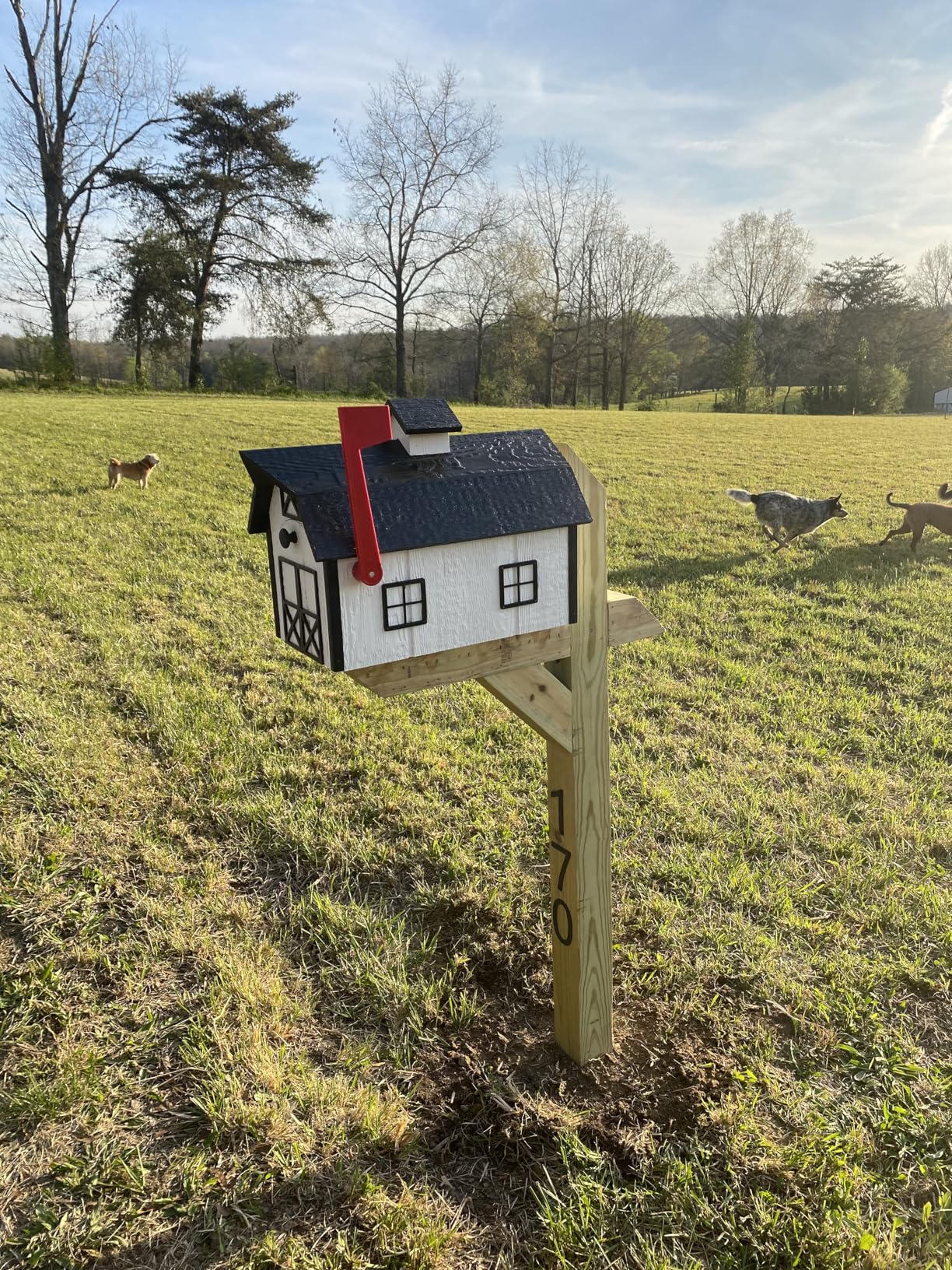 Deluxe Wooden Mailbox, Dutch Barn Style (Navy Blue with White Trim) customer photo 2