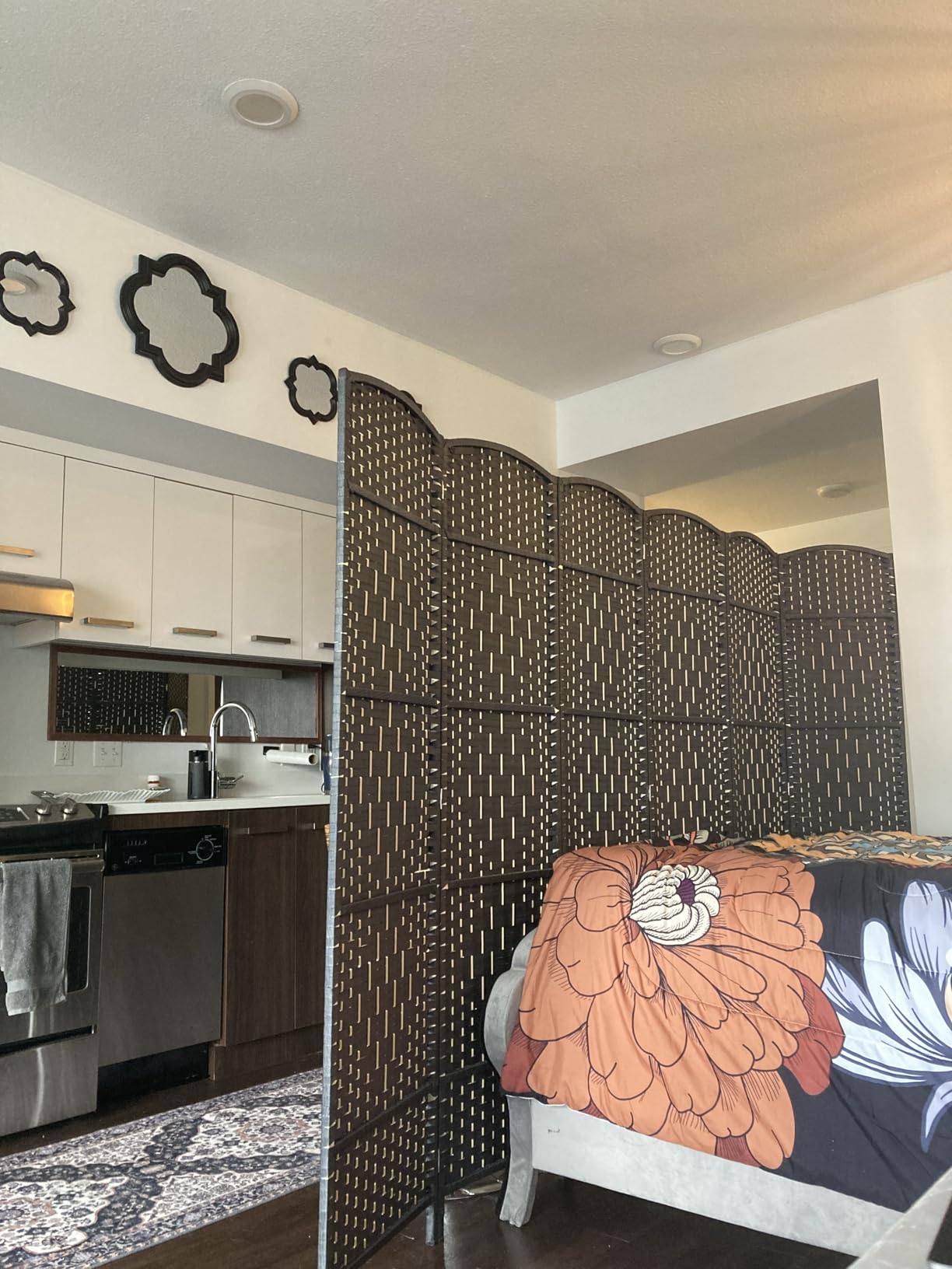 6 Panel Folding Room Divider, Woven Privacy Screen, Light Beige | Solid wood frame, handcrafted diamond pattern, 6FT tall, extends to 94.5 inches wide, no assembly required customer photo 2