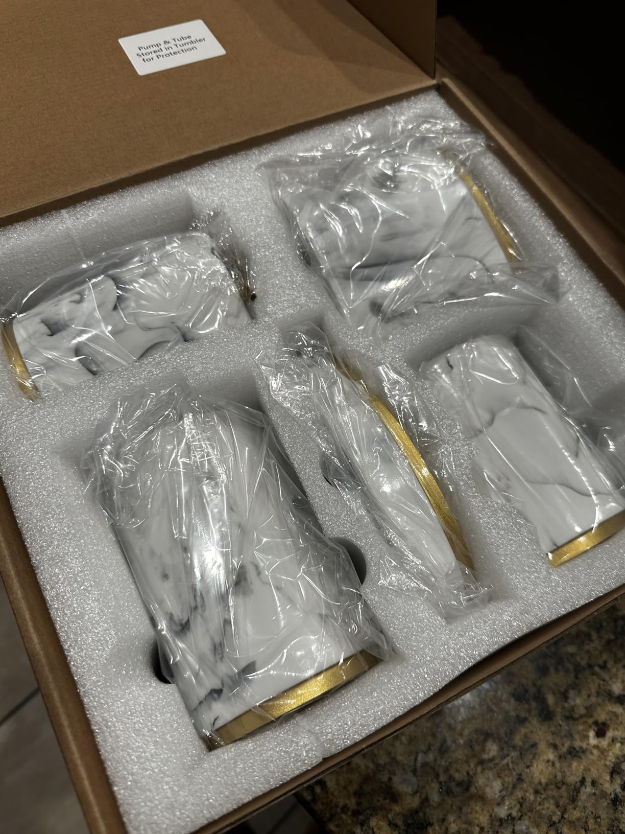 5 Piece Bathroom Accessories Set, Marble Resin Bathroom Set with Soap Dispenser, Toothbrush Holder, Soap Dish and Tumblers, Modern Bathroom Countertop Decor with Gold Accents (White) customer photo 2