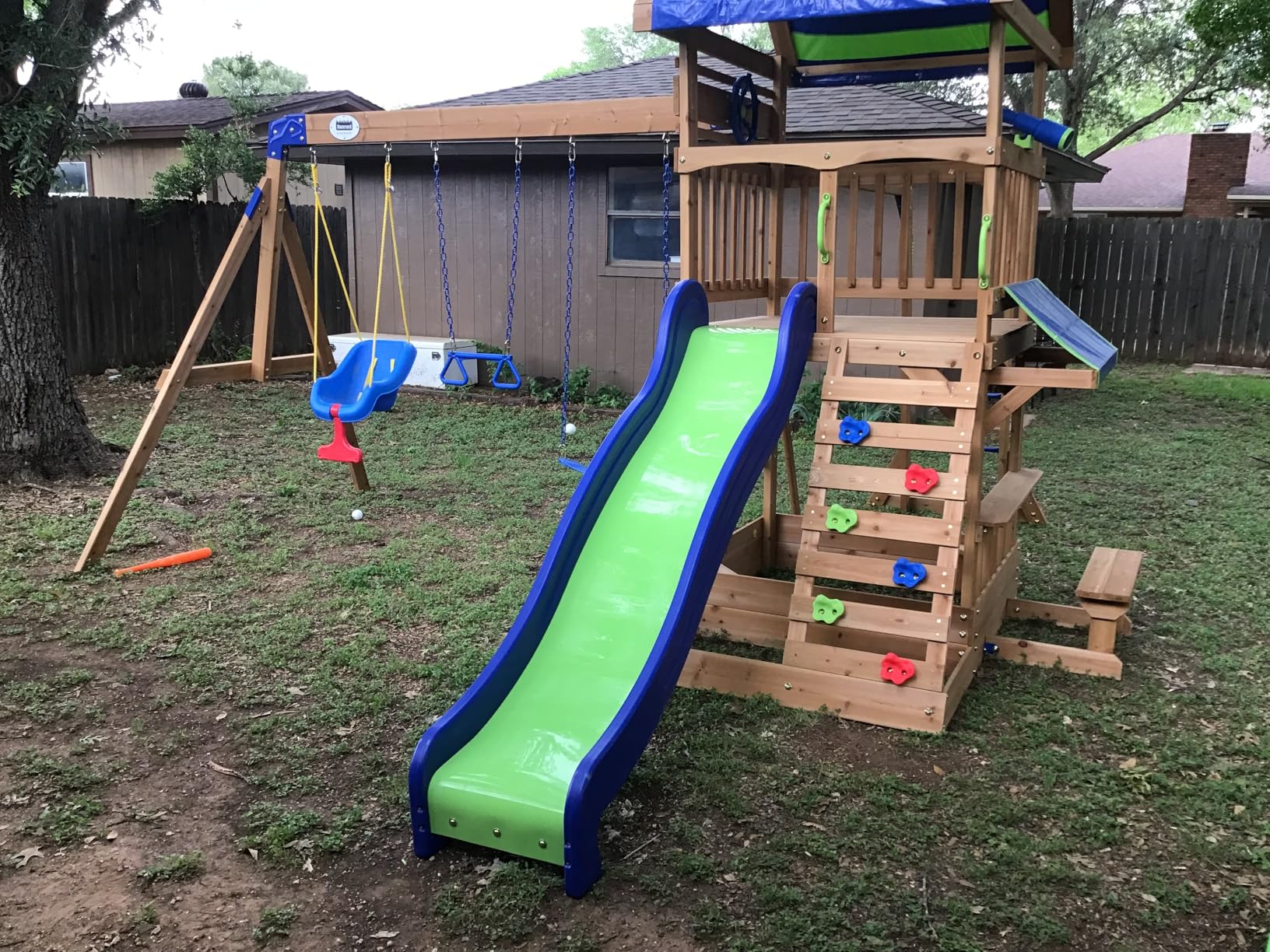 Backyard Discovery Belmont Cedar Wood Swing Set with Wave Slide, Play Deck, Rock Wall Ladder, Snack Bar Window, Shaded Picnic Area, Bench, Belt Swings, Trapeze, Sandbox Area, Canopy, Outdoor Playset customer photo 2