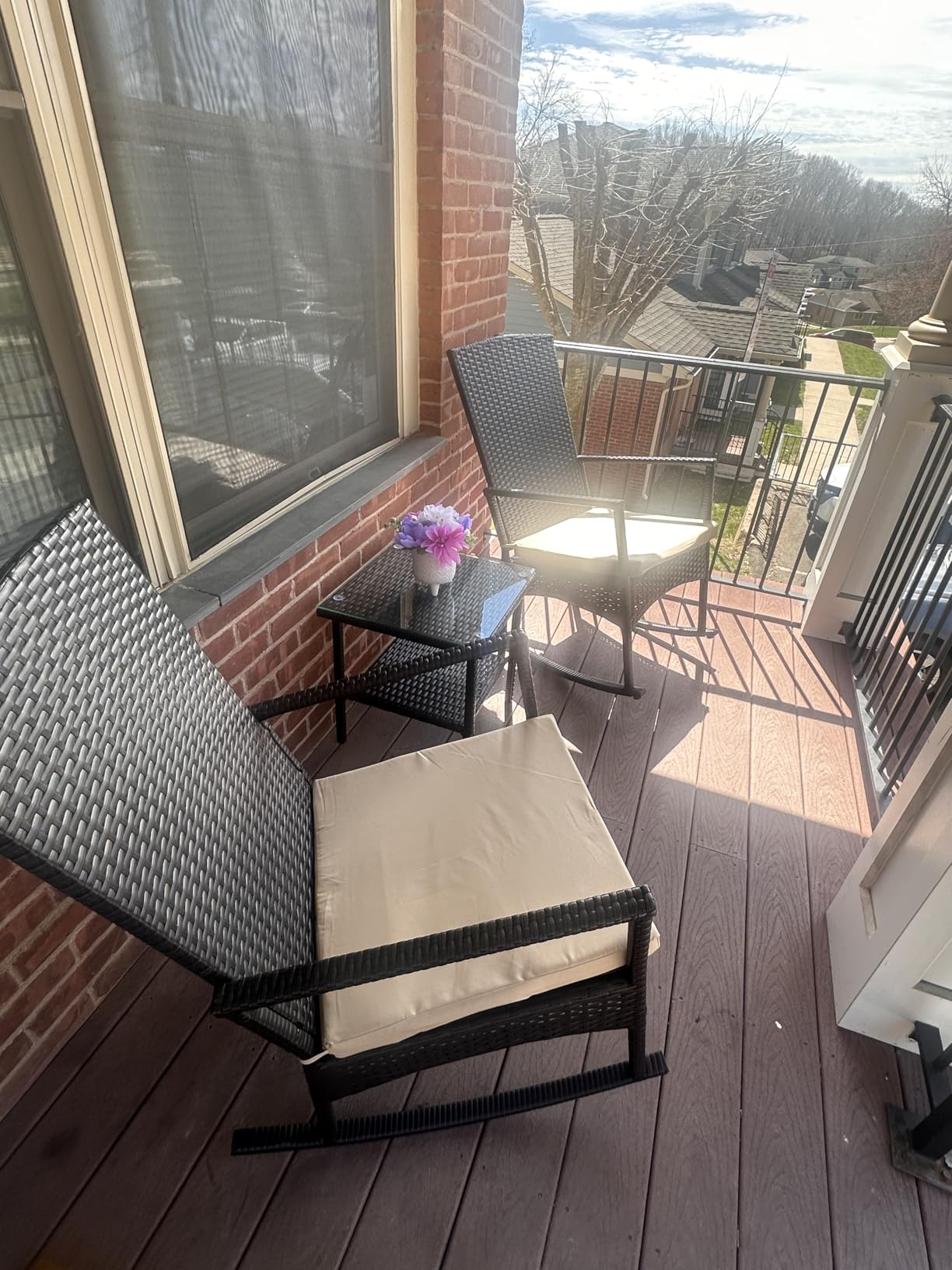 Outdoor HDPE Wicker Rocking Chair 3-Piece Patio Rattan Bistro Set 2 Rocker Armchair and Glass Coffee Side Table Furniture Washable Lacing Cushions, Khaki customer photo 1