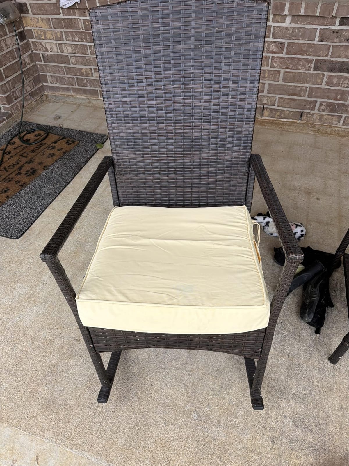 Outdoor HDPE Wicker Rocking Chair 3-Piece Patio Rattan Bistro Set 2 Rocker Armchair and Glass Coffee Side Table Furniture Washable Lacing Cushions, Khaki customer photo 2