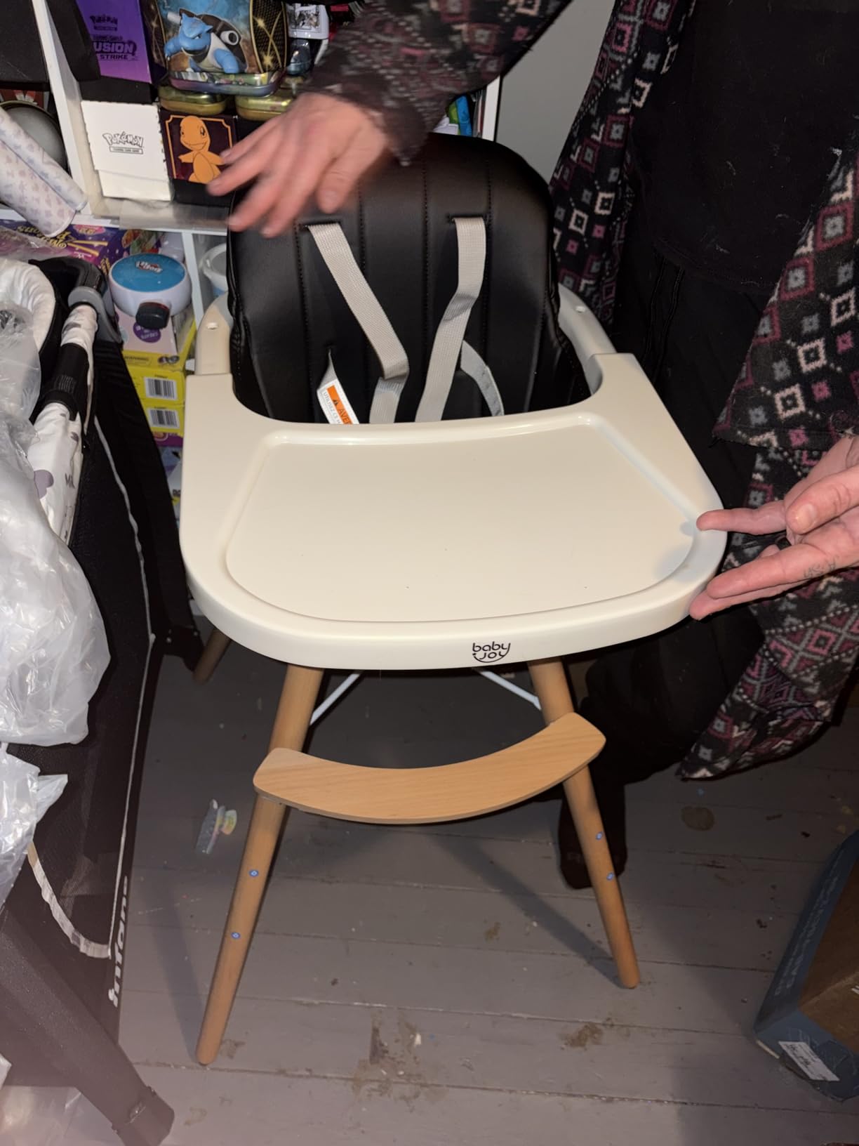 BABY JOY Convertible Baby High Chair, 3 in 1 Wooden Highchair/Booster/Chair with Removable Tray, Adjustable Legs, 5-Point Harness, PU Cushion and Footrest for Baby, Infants, Toddlers (Beige) customer photo 1