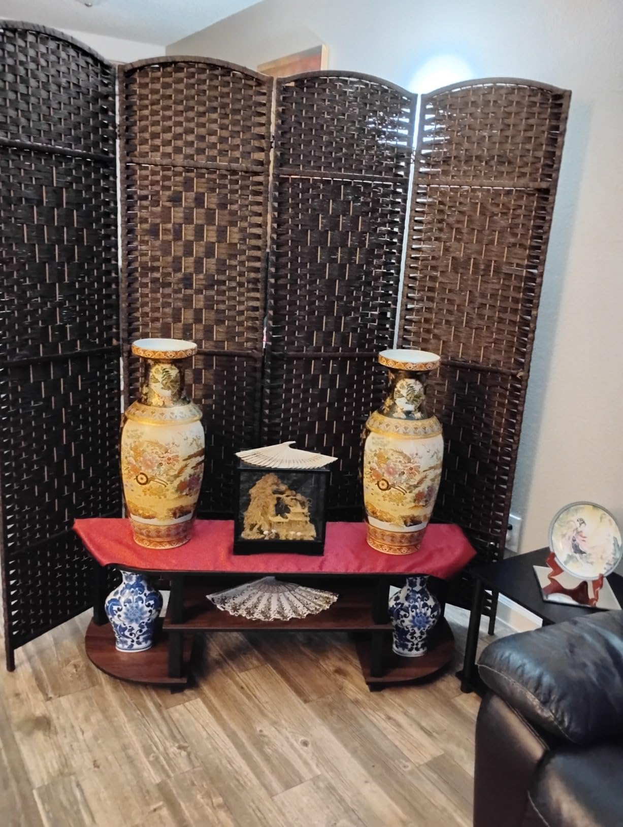 FDW | 4-Panel Folding Room Divider | 6ft, Brown | Hand Woven Mesh | Portable & Foldable Wooden Divider | Easy to Move Privacy Screen customer photo 1