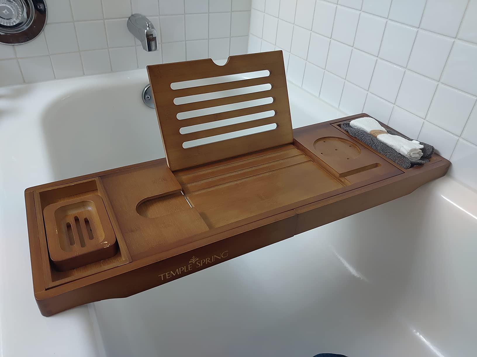 Temple Spring Bamboo Bathtub Tray Caddy for Tub - Expandable Wood Bath Tray with Solid Book Stand Wine Holder and Non-Slip Pads - Includes Bamboo Soap Dish and Spa Accessories - Luxury Bath Gift Set customer photo 2