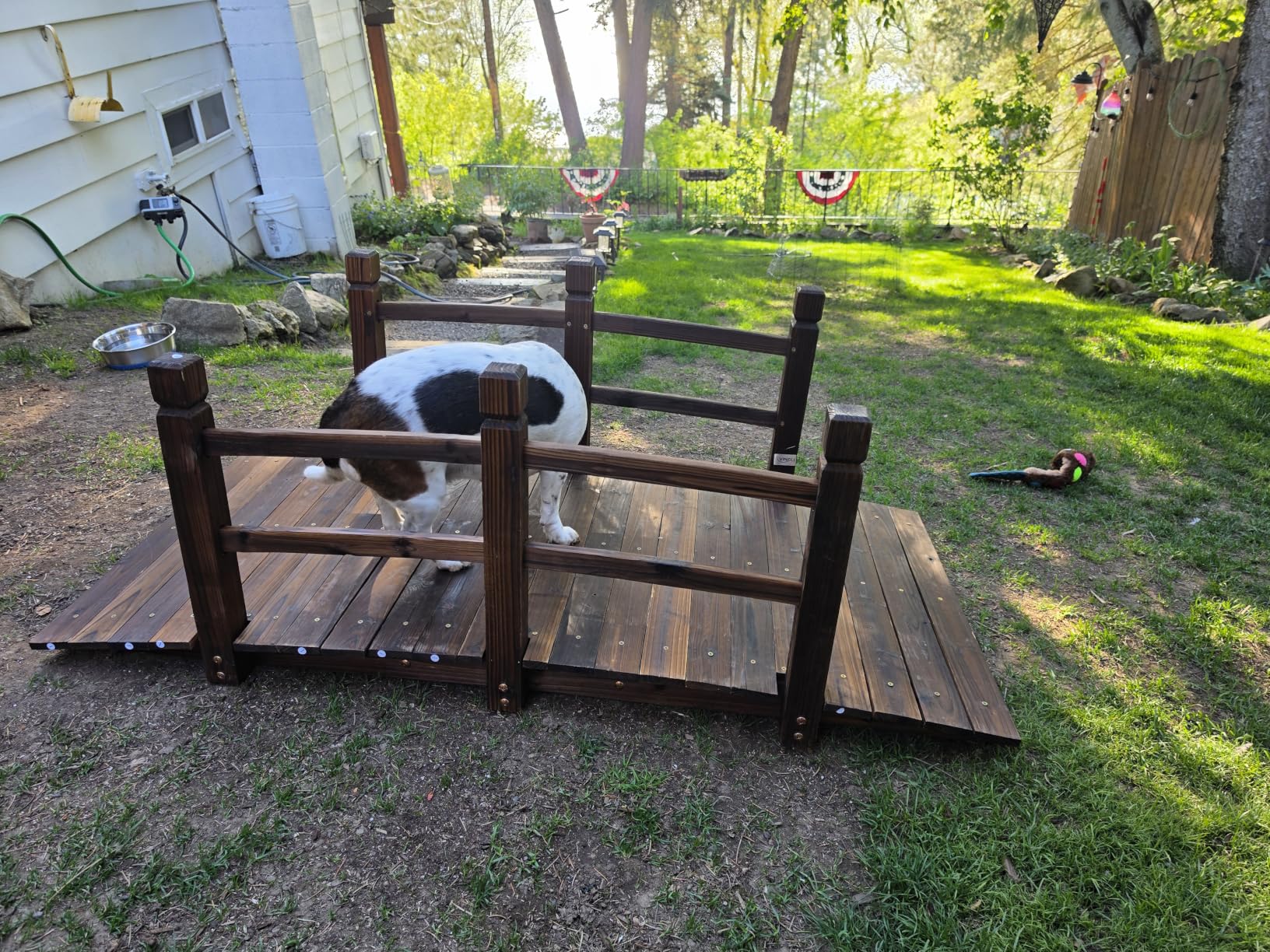 VINGLI 5 ft Garden Bridge, Classic Wooden Arch with Safety Rails Stained Finished Footbridge, Decorative Pond Landscaping, Backyard, Creek or Farm customer photo 2