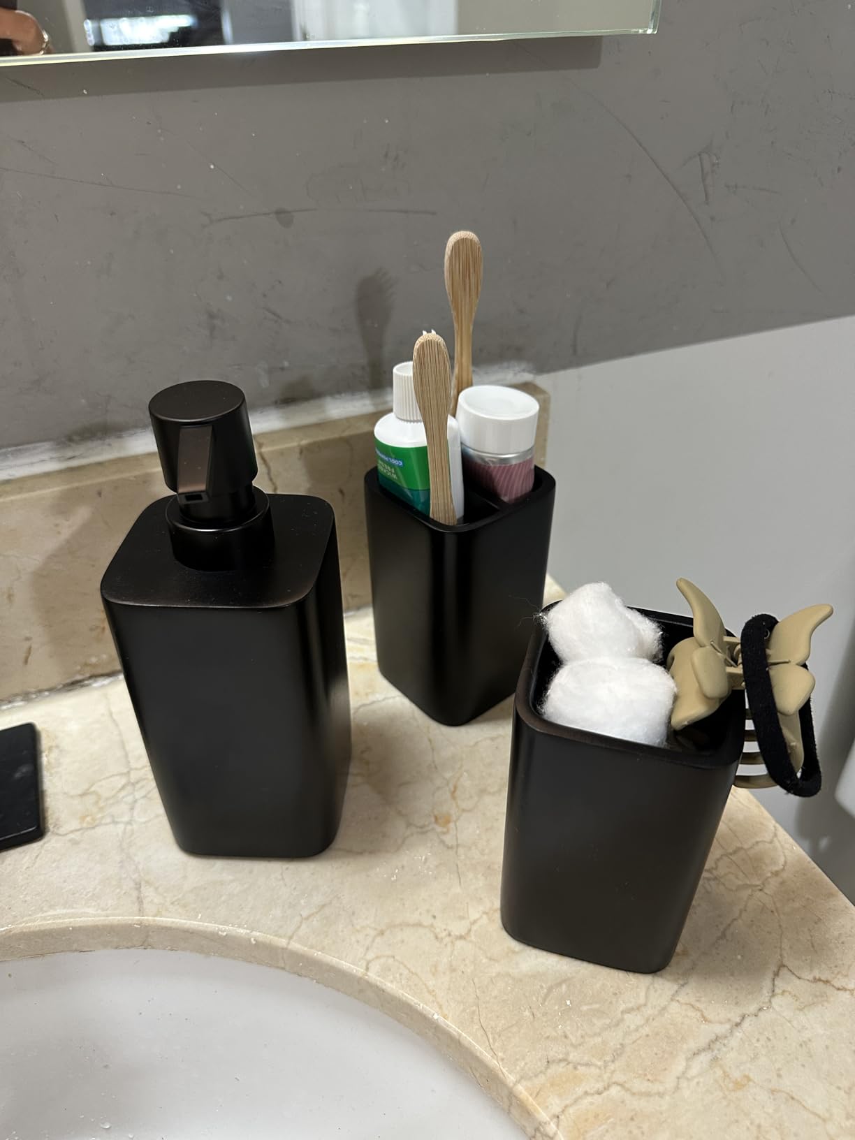 ZCCZ Bathroom Accessory Sets, 4 Pieces Bathroom Accessories Complete Set Vanity Countertop Accessory Set with Marble Look, Includes Lotion Dispenser, Toothbrush Holder and Tray (White Marble Look) customer photo 1