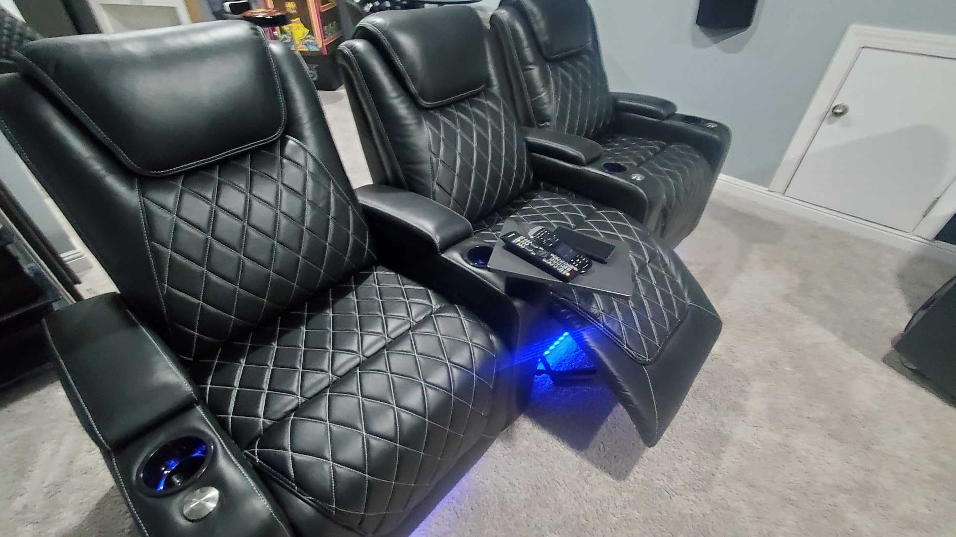 Valencia Oslo Home Theater Seating - Premium Top Grain Italian Nappa 11000 Leather, Power Recliner, Power Headrest, LED Lighting (Row of 2 Loveseat, Black) customer photo 2