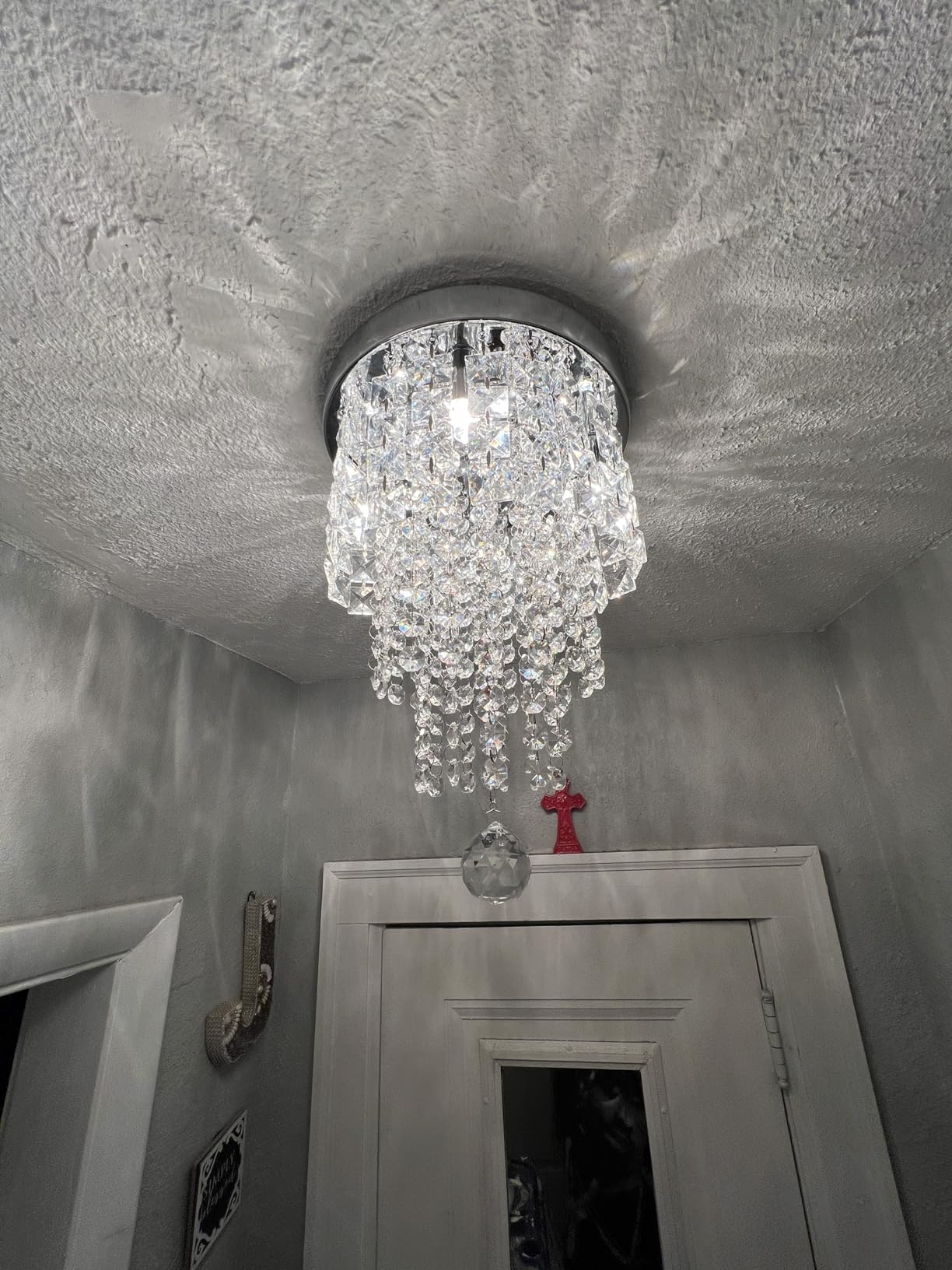 TISLYCO Modern Raindrop Crystal Chandelier, 3 Lights Flush Mount Ceiling Light, Silver Modern Mini Ceiling Light Fixture for Bedroom, Dining Room, Living Room, Hallway, Closet, Bathroom customer photo 1