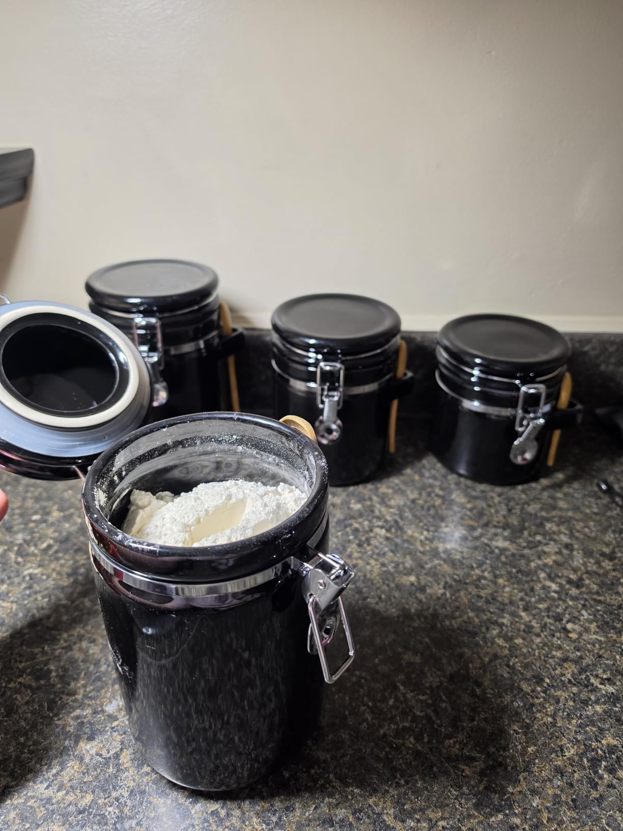 Home Intuition Smell Proof 4-Piece Ceramic Kitchen Canisters Set, Airtight Containers with Wooden Spoons Reusable Chalk Labels and Marker for Sugar, Coffee, Flour, Tea (Red) customer photo 1