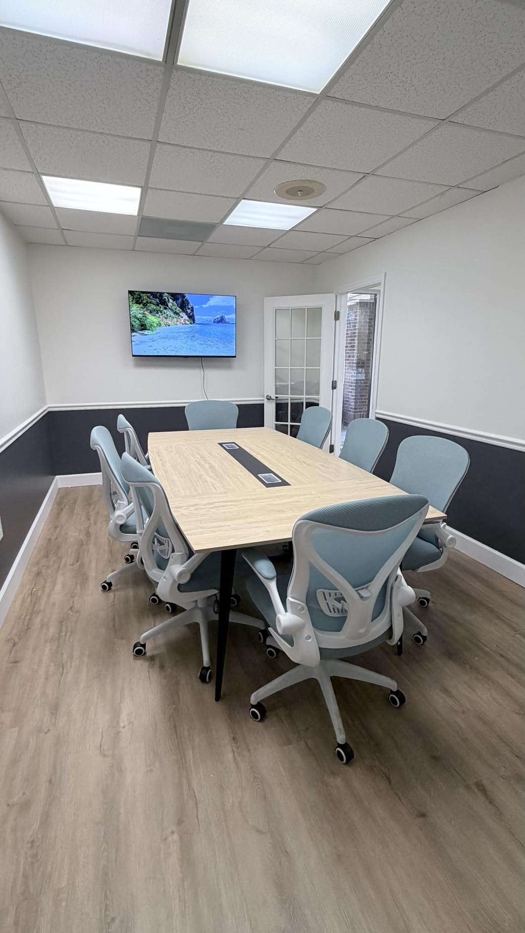 Tribesigns 8FT Conference Table, 94.48L x 47.21W x 29.52H Inches Boat Shaped Meeting Table with Rectangle Grommet, Modern Seminar Boardroom Table for Office Conference Room (Light Wood Grain, 8ft) customer photo 1